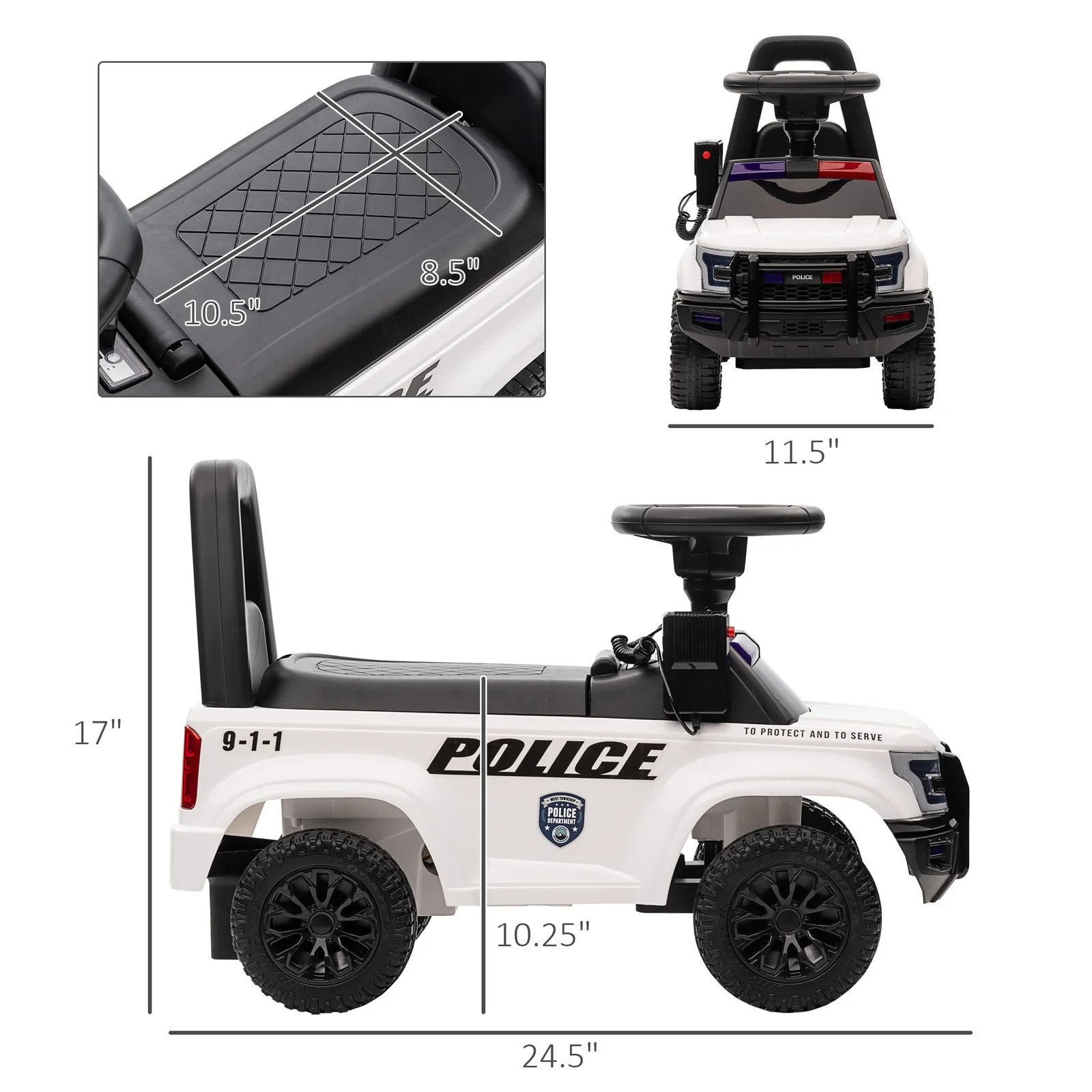 Kids Push Ride-On Police Car with Horn and Music for Ages 18 Months to 5 Years - Image 3