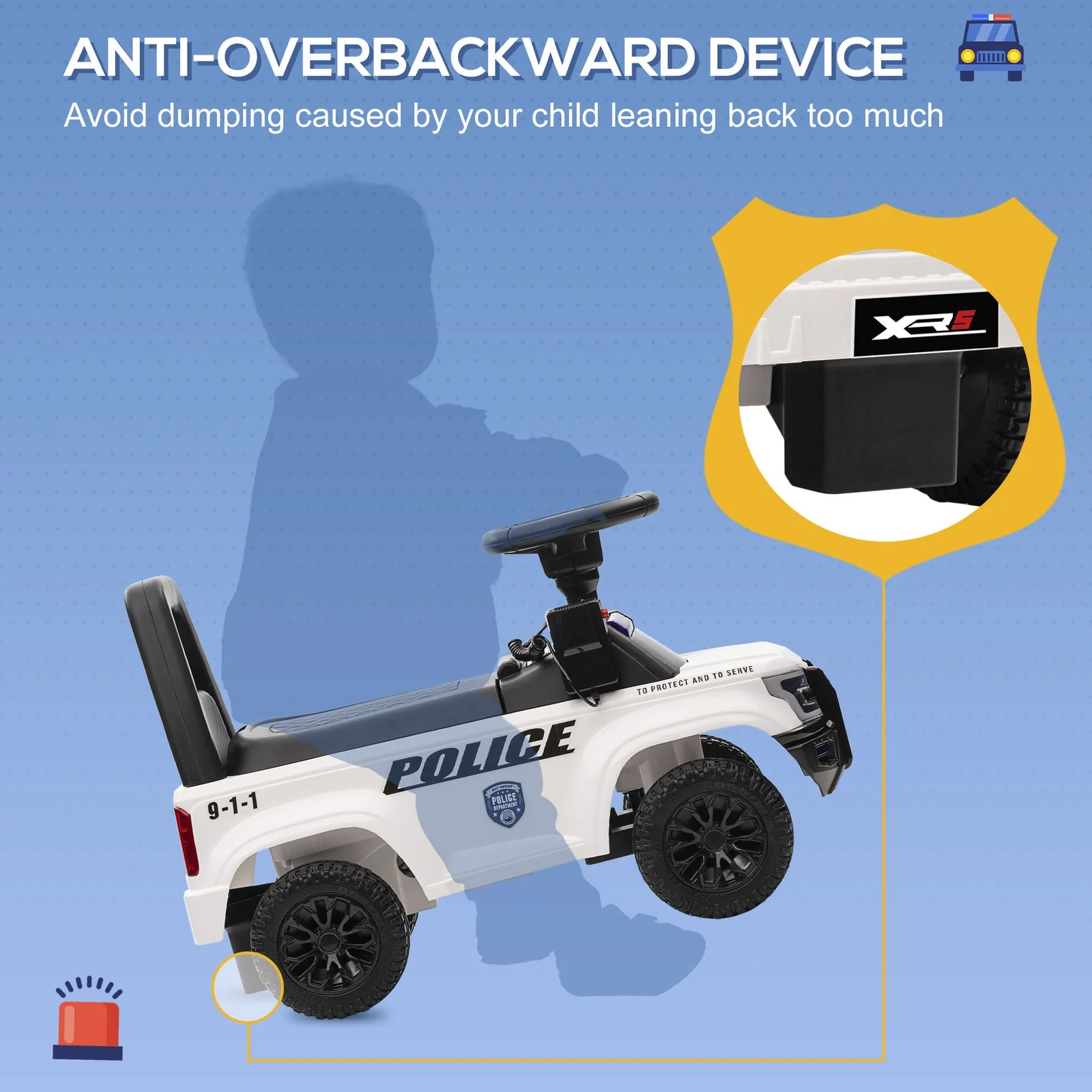 Kids Push Ride-On Police Car with Horn and Music for Ages 18 Months to 5 Years - Image 7