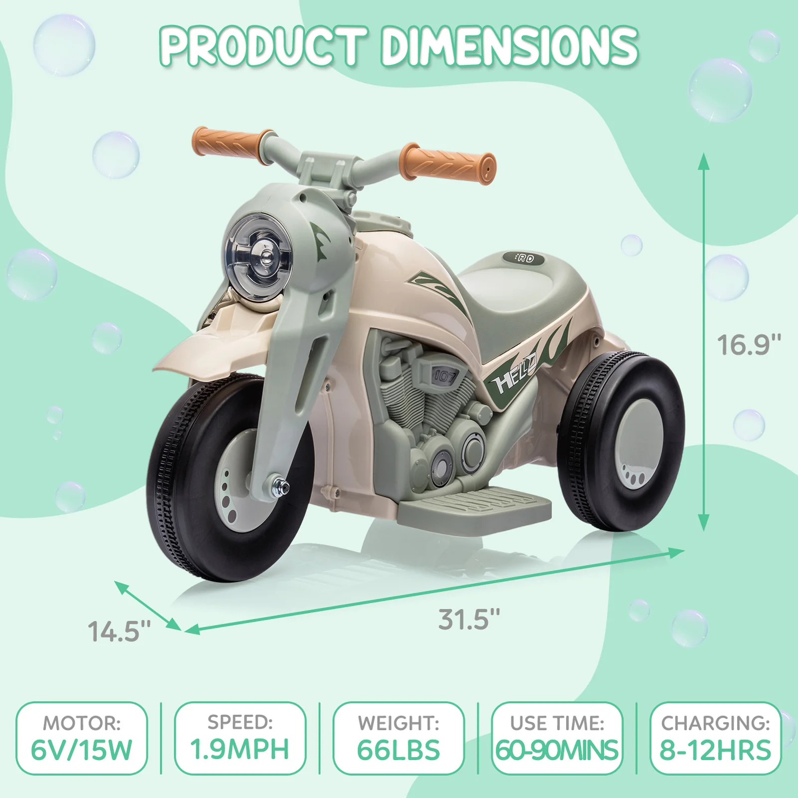 Battery-Powered Kids 3-Wheel Ride-On Motorcycle with LED Headlight and Bubble Function - Image 20