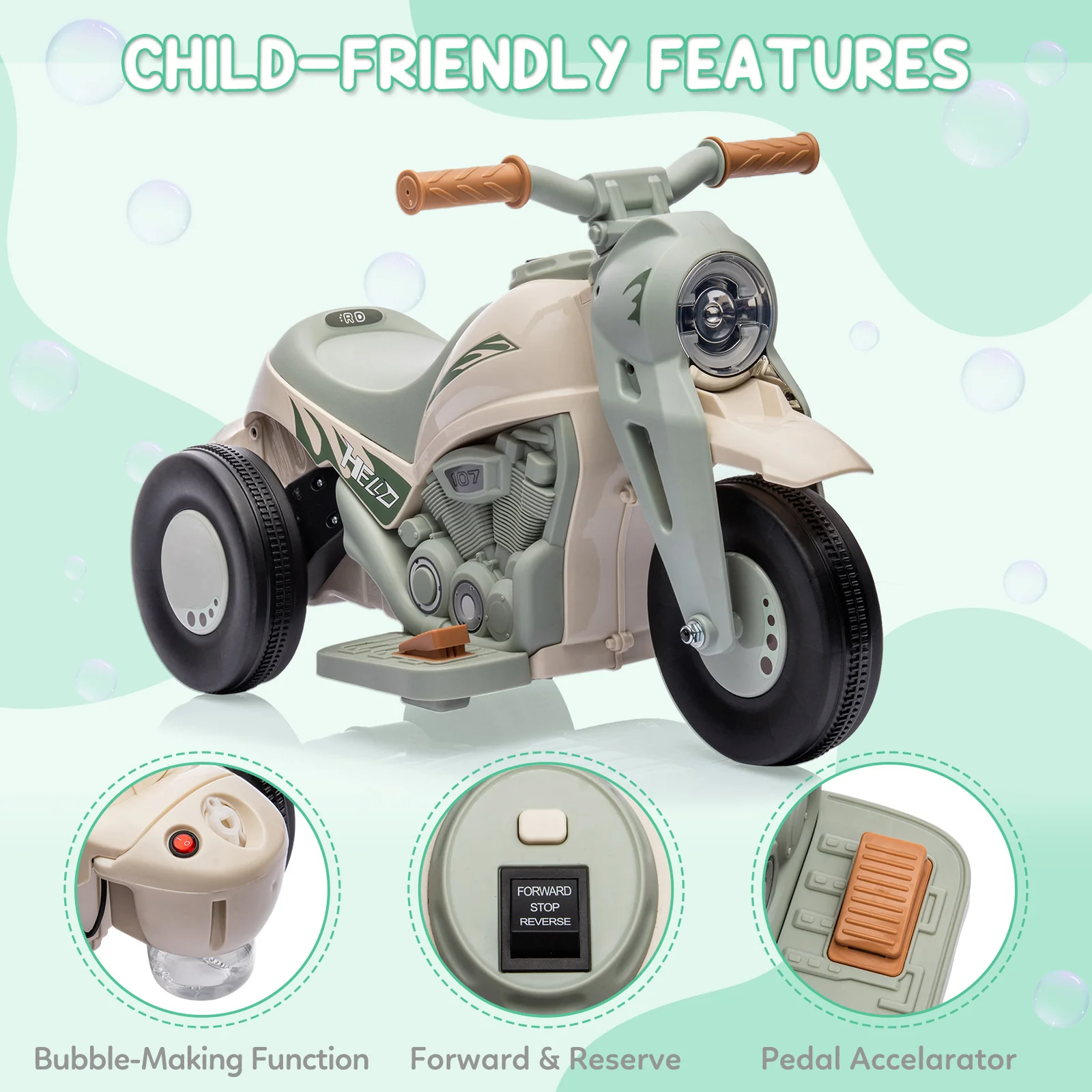 Battery-Powered Kids 3-Wheel Ride-On Motorcycle with LED Headlight and Bubble Function - Image 21