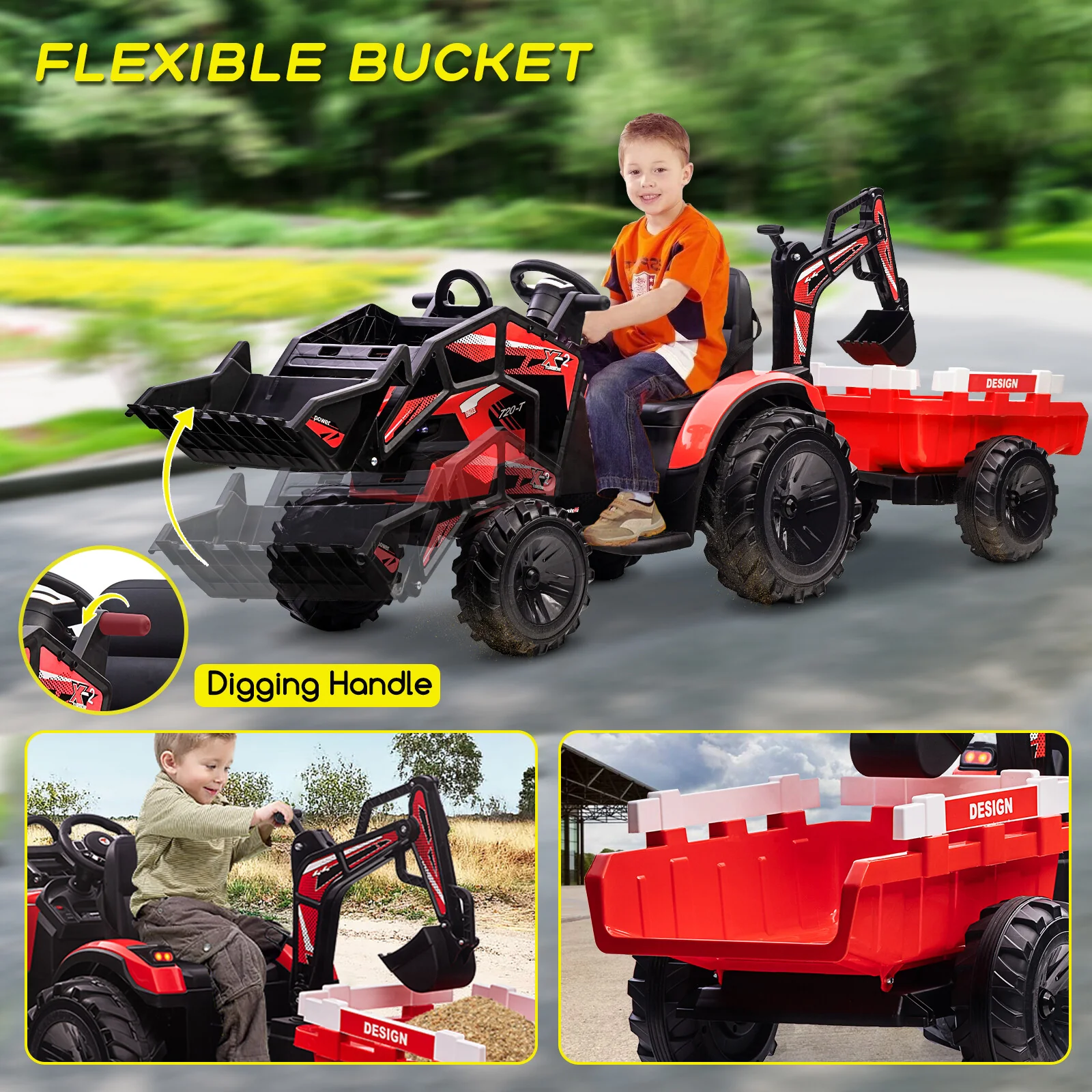24V Kids Electric Ride-On Excavator and Bulldozer Vehicle with Trailer - Image 14