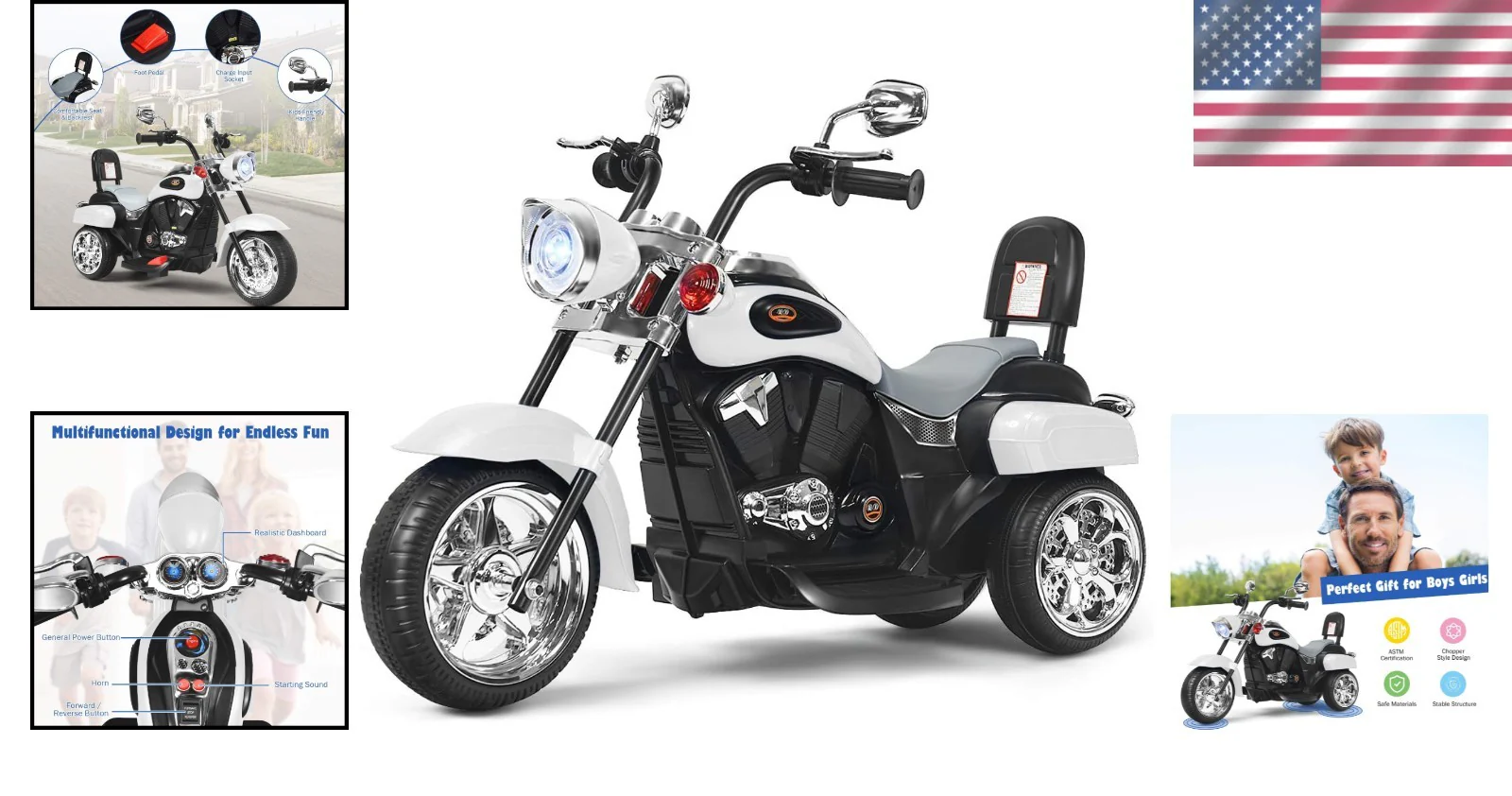 Electric White Chopper Motorcycle for Kids, 6V Powered - Image 2