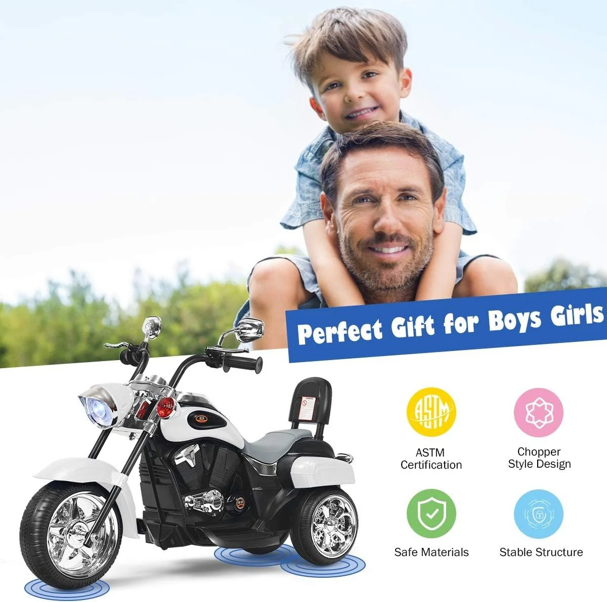 Electric White Chopper Motorcycle for Kids, 6V Powered - Image 4