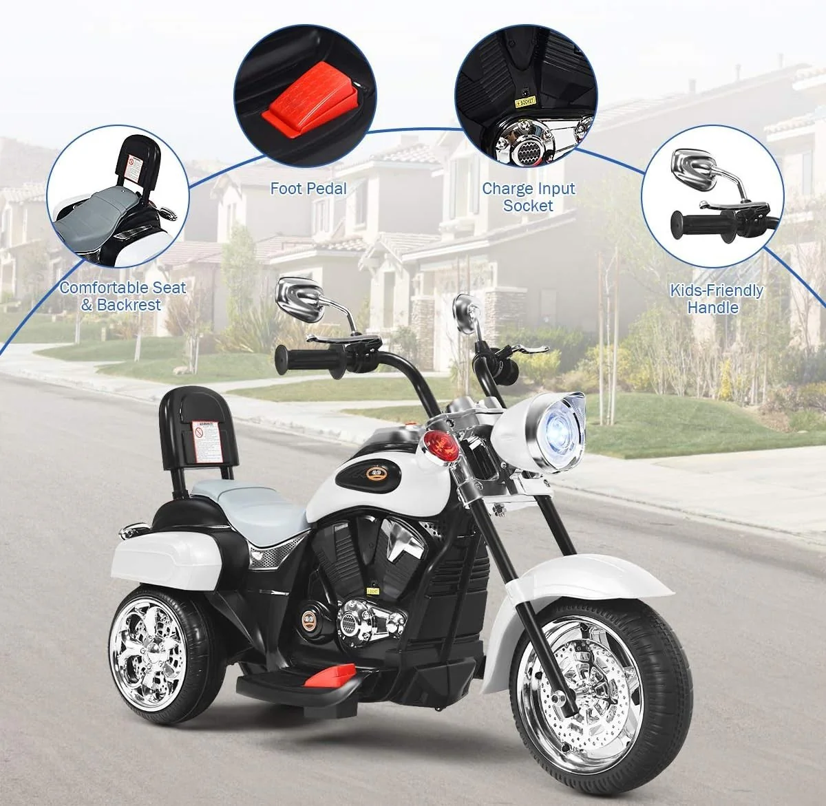 Electric White Chopper Motorcycle for Kids, 6V Powered - Image 5