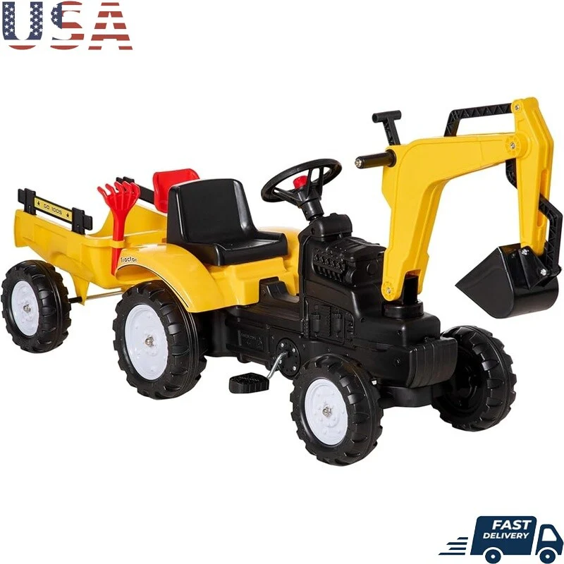 Kids Ride-On Excavator Truck Toy with Pedal, Horn, and Detachable Trailer