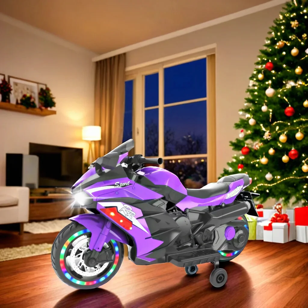 12V Purple Kids Electric Ride-On Dirt Bike with Training Wheels and Music - Image 3