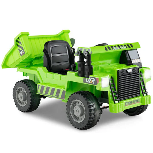 Electric Green Ride-On Dump Truck with Functional Dump Bed for Kids