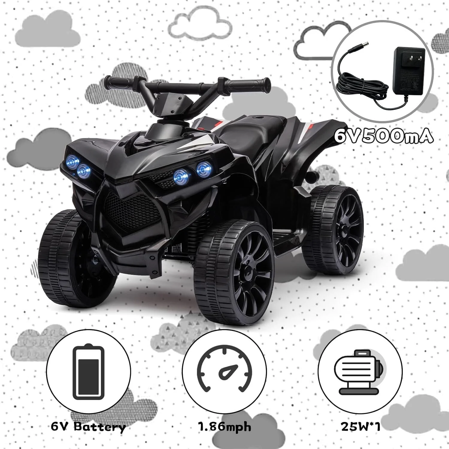 Electric Kids Ride-On 6V Battery-Powered Off-Road ATV Quad Car, Black, Supports 55 lbs - Image 3