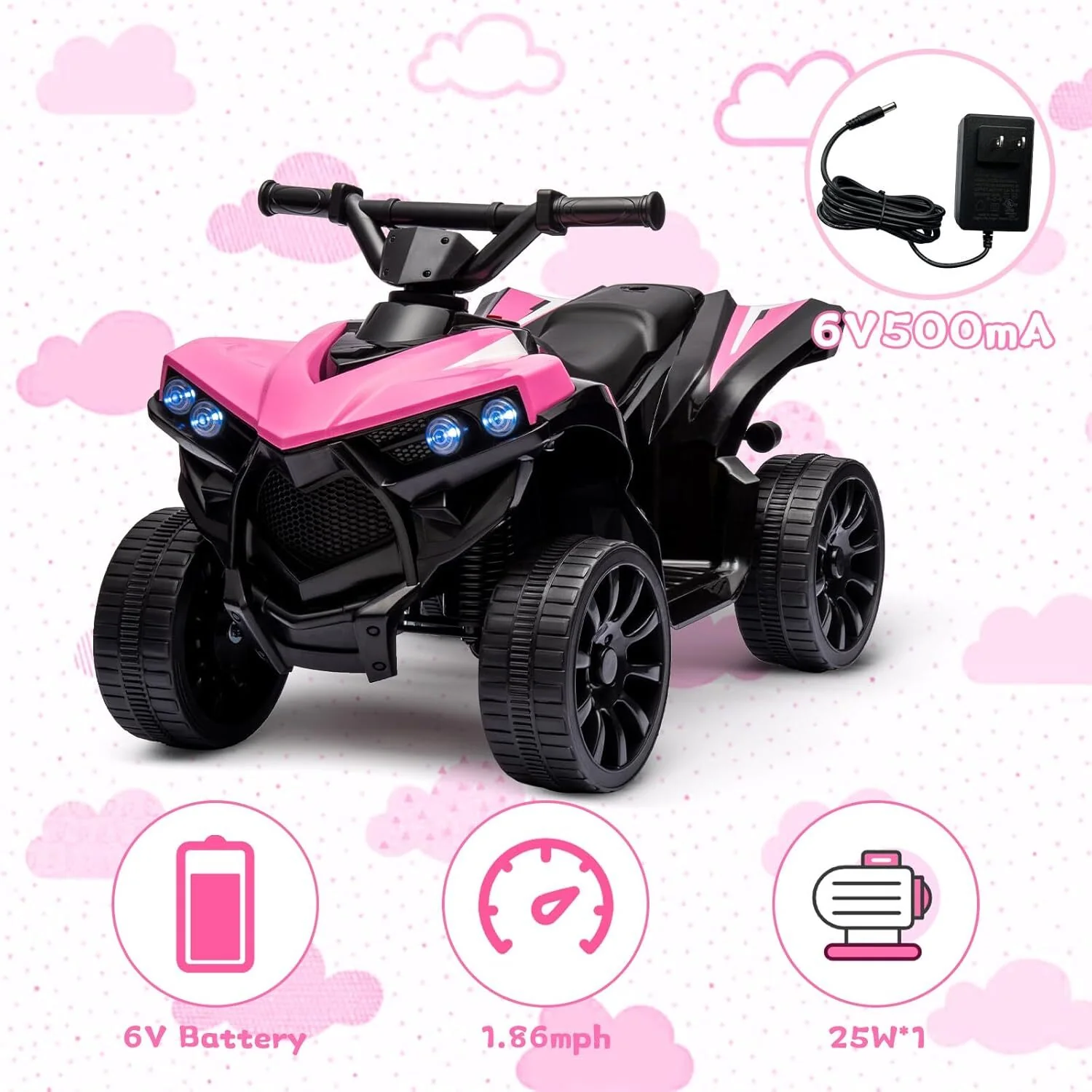 Electric Kids Ride-On ATV Quad Bike 6V Battery Powered Pink, Supports Up to 55 lbs - Image 6