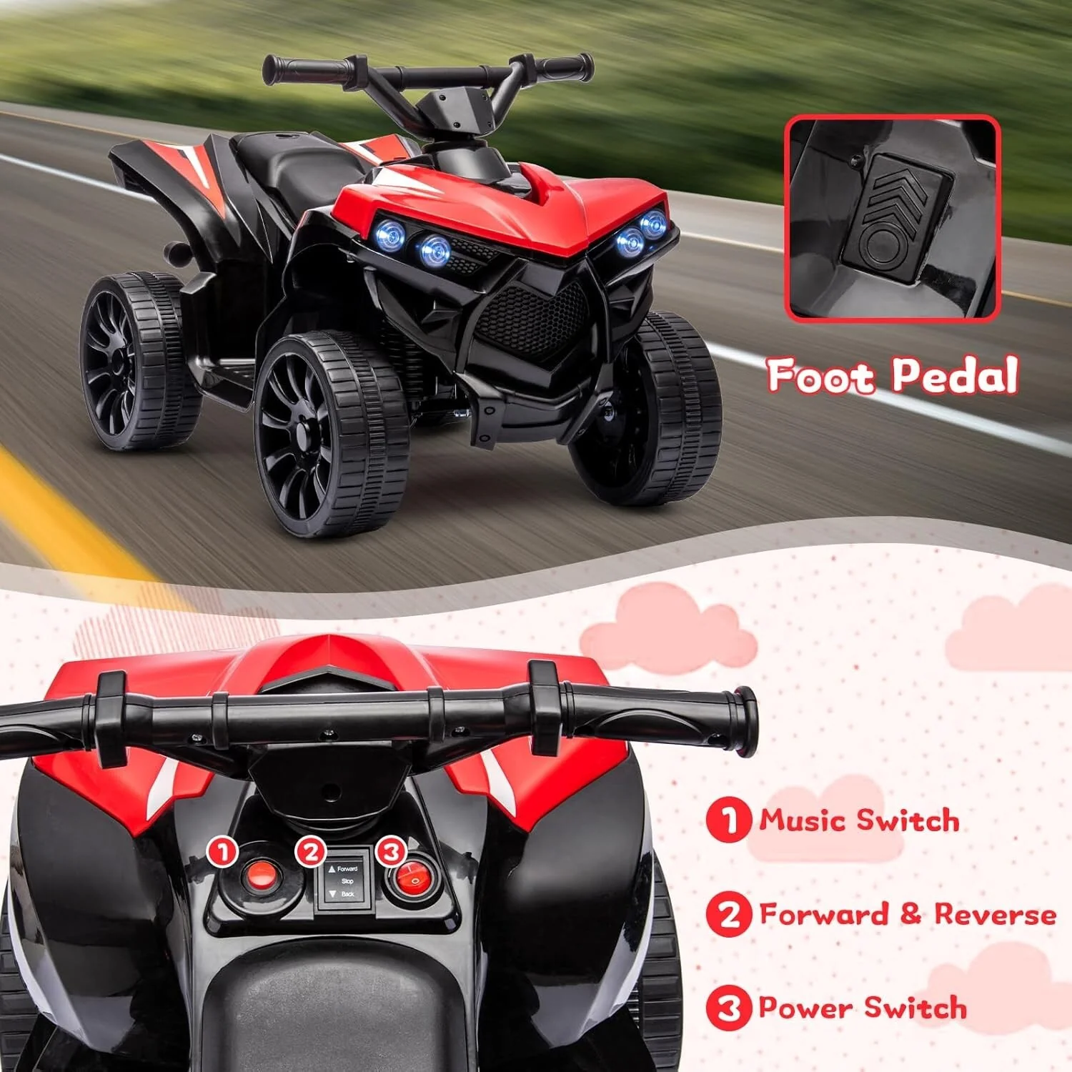 Electric Kids Ride-On 6V Off-Road ATV Quad Car Red with 55 lbs Load Capacity - Image 3