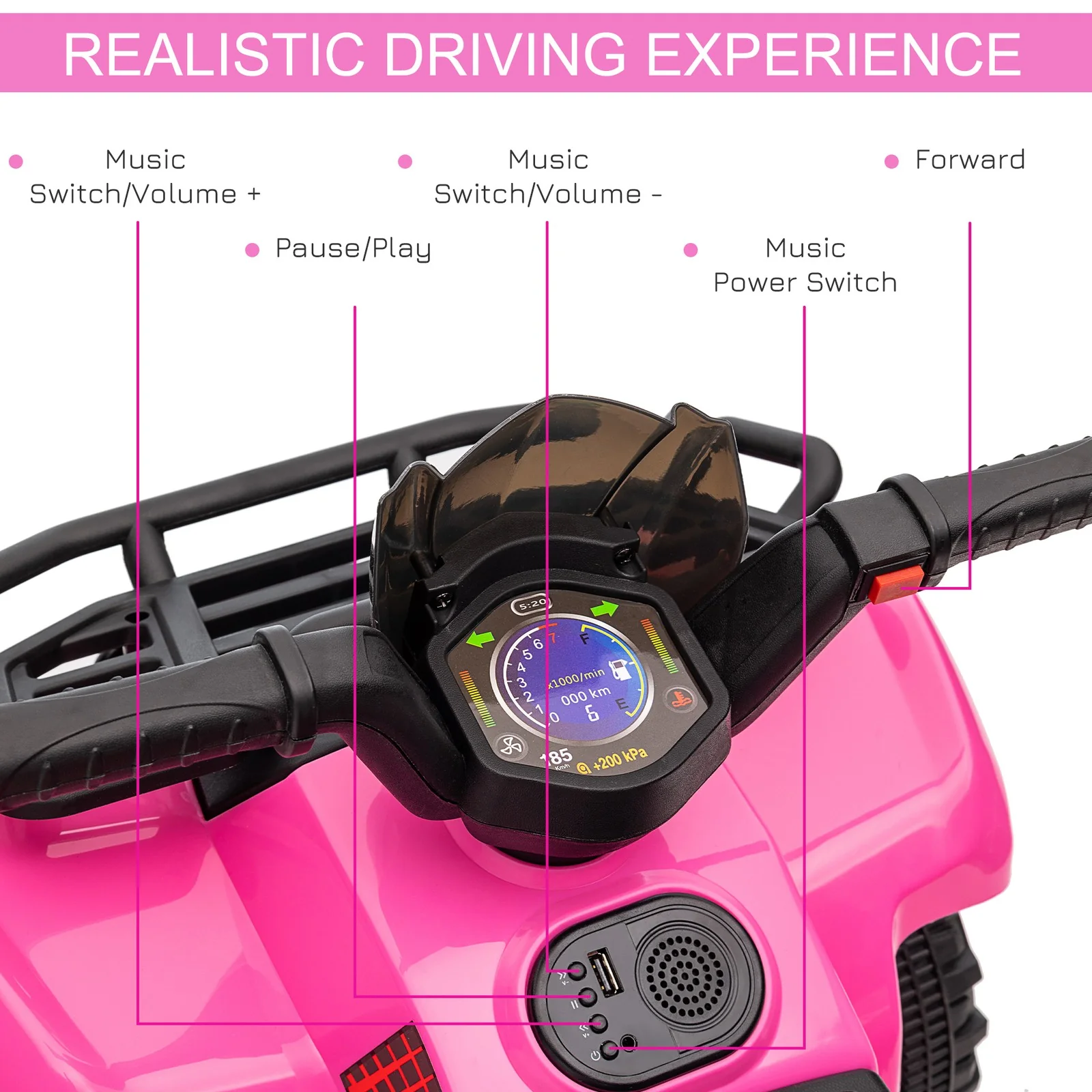 Electric Pink Kids Ride-On Four-Wheeler ATV Quad with Music - Image 7