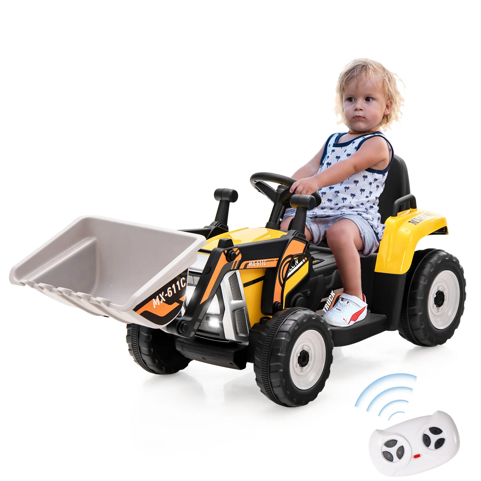 12V Battery-Powered Kids Ride-On Excavator Loader Digger with Adjustable Arm Yellow