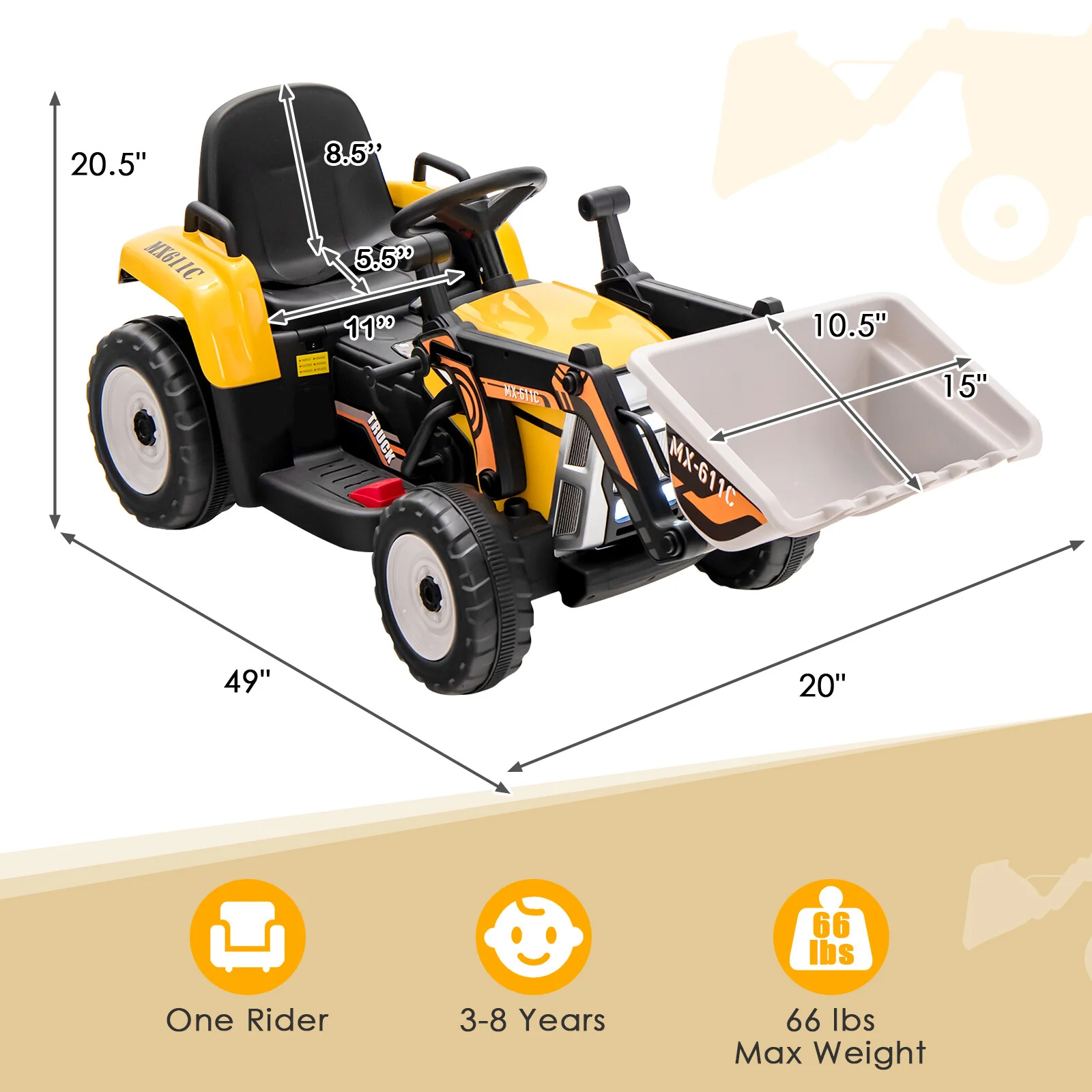 12V Battery-Powered Kids Ride-On Excavator Loader Digger with Adjustable Arm Yellow - Image 2
