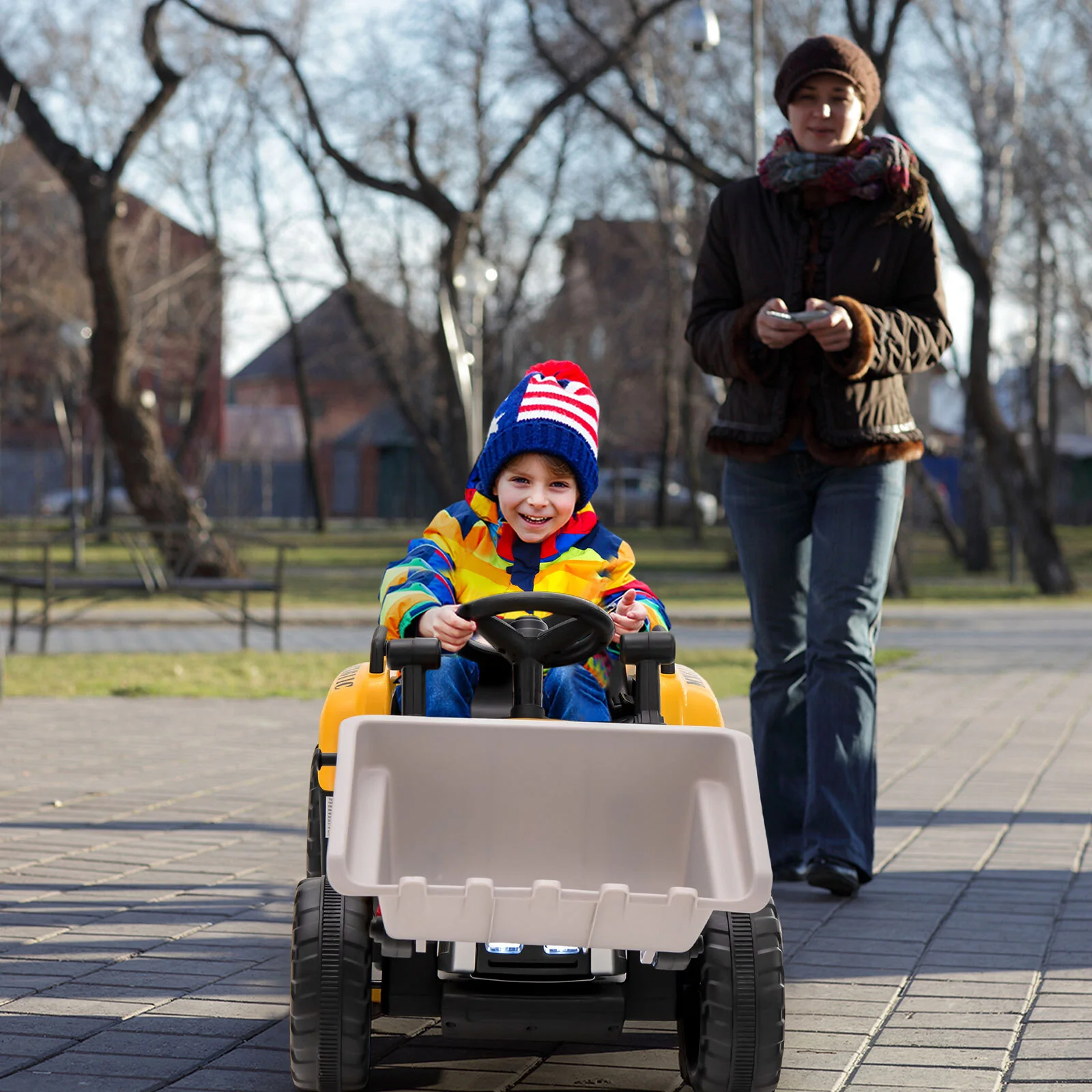 12V Battery-Powered Kids Ride-On Excavator Loader Digger with Adjustable Arm Yellow - Image 4