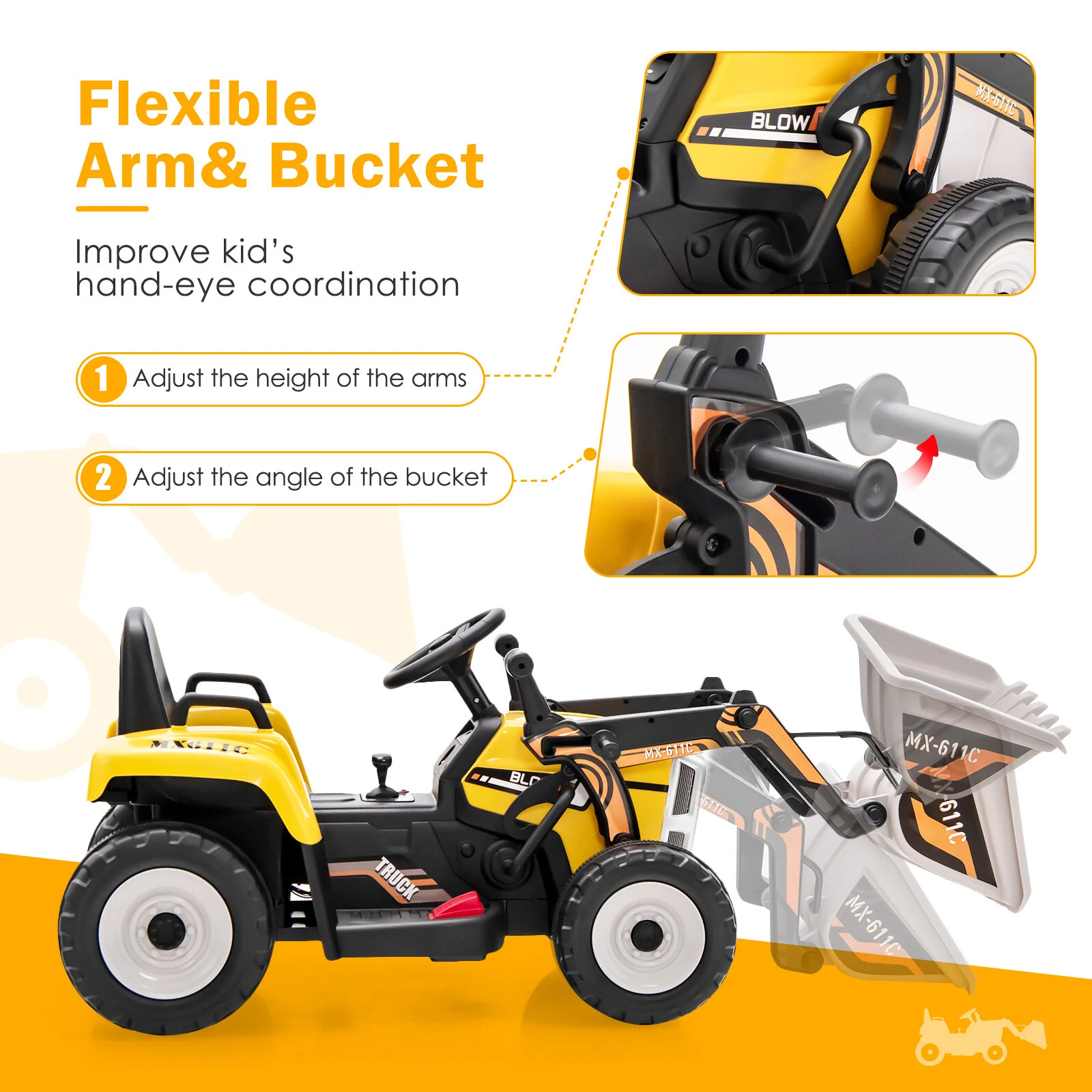 12V Battery-Powered Kids Ride-On Excavator Loader Digger with Adjustable Arm Yellow - Image 5