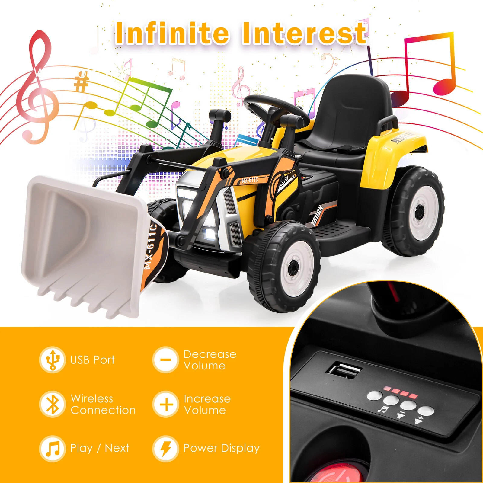 12V Battery-Powered Kids Ride-On Excavator Loader Digger with Adjustable Arm Yellow - Image 7