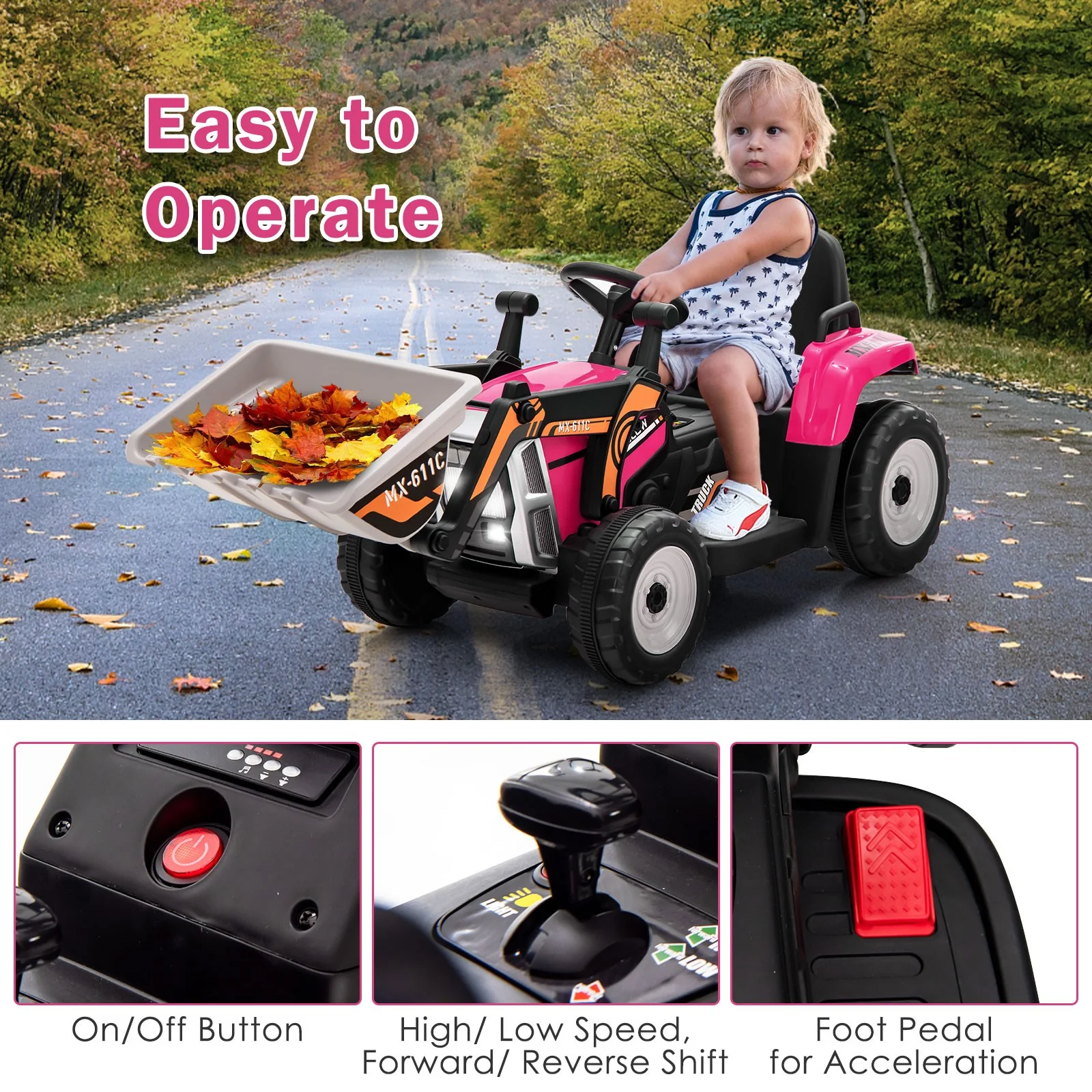 12V Pink Electric Ride-On RC Kids Excavator Digger Tractor with Digging Bucket - Image 10