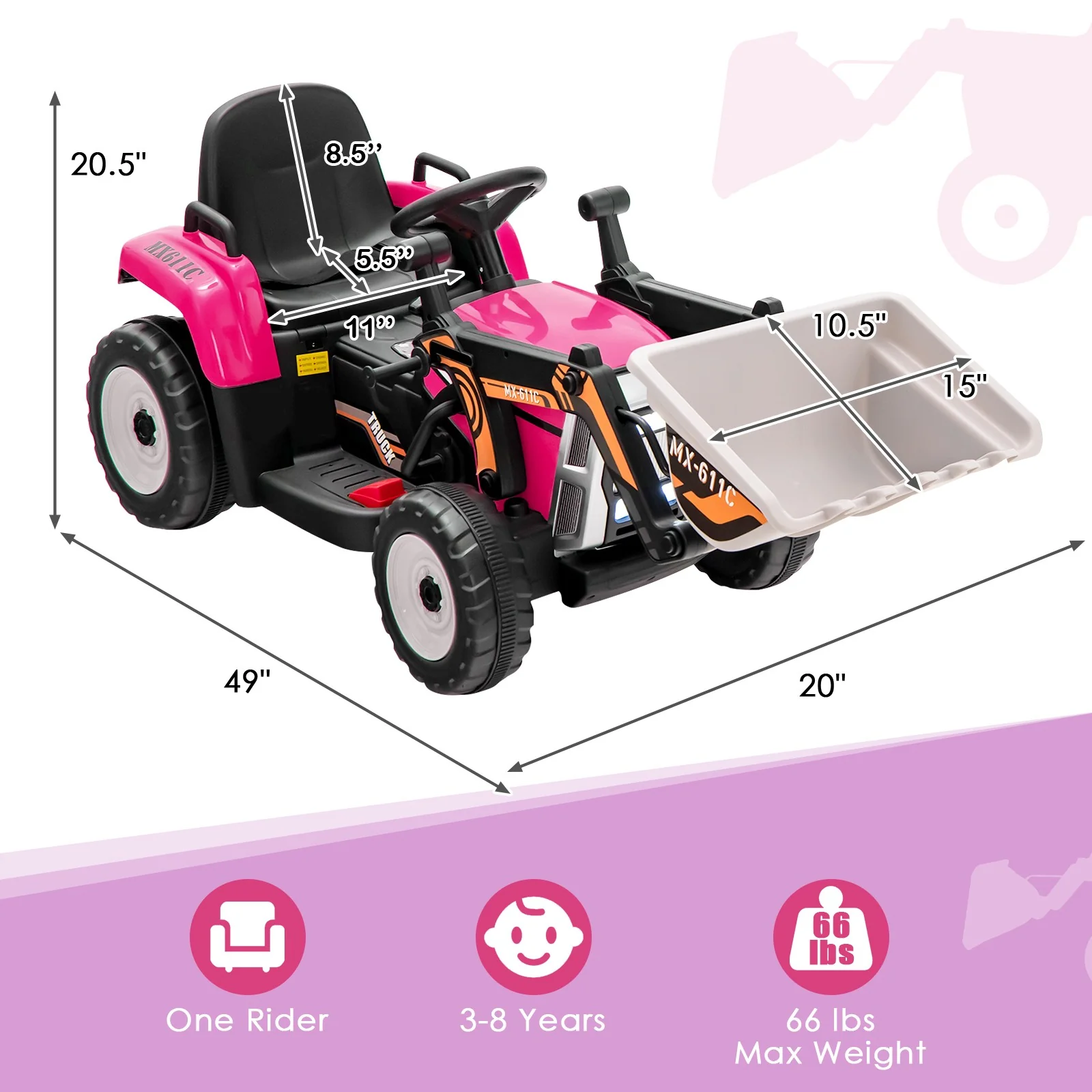 12V Pink Electric Ride-On RC Kids Excavator Digger Tractor with Digging Bucket - Image 2