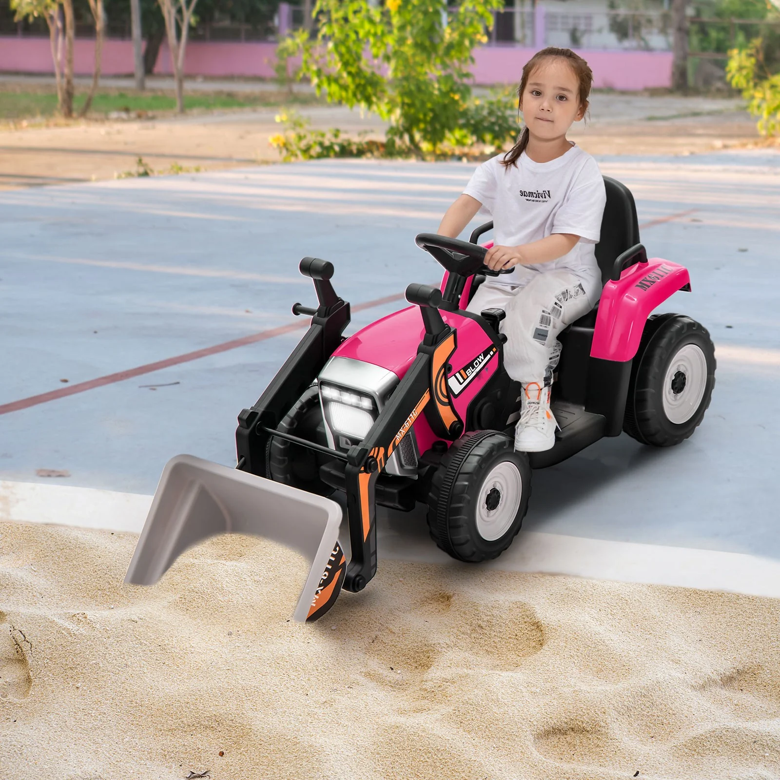 12V Pink Electric Ride-On RC Kids Excavator Digger Tractor with Digging Bucket - Image 3