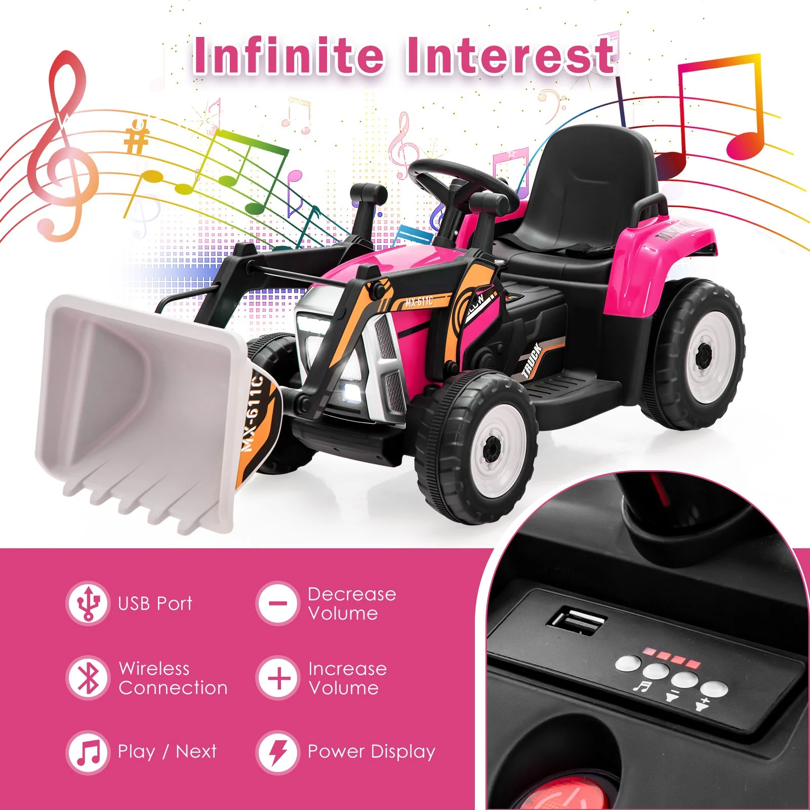 12V Pink Electric Ride-On RC Kids Excavator Digger Tractor with Digging Bucket - Image 7