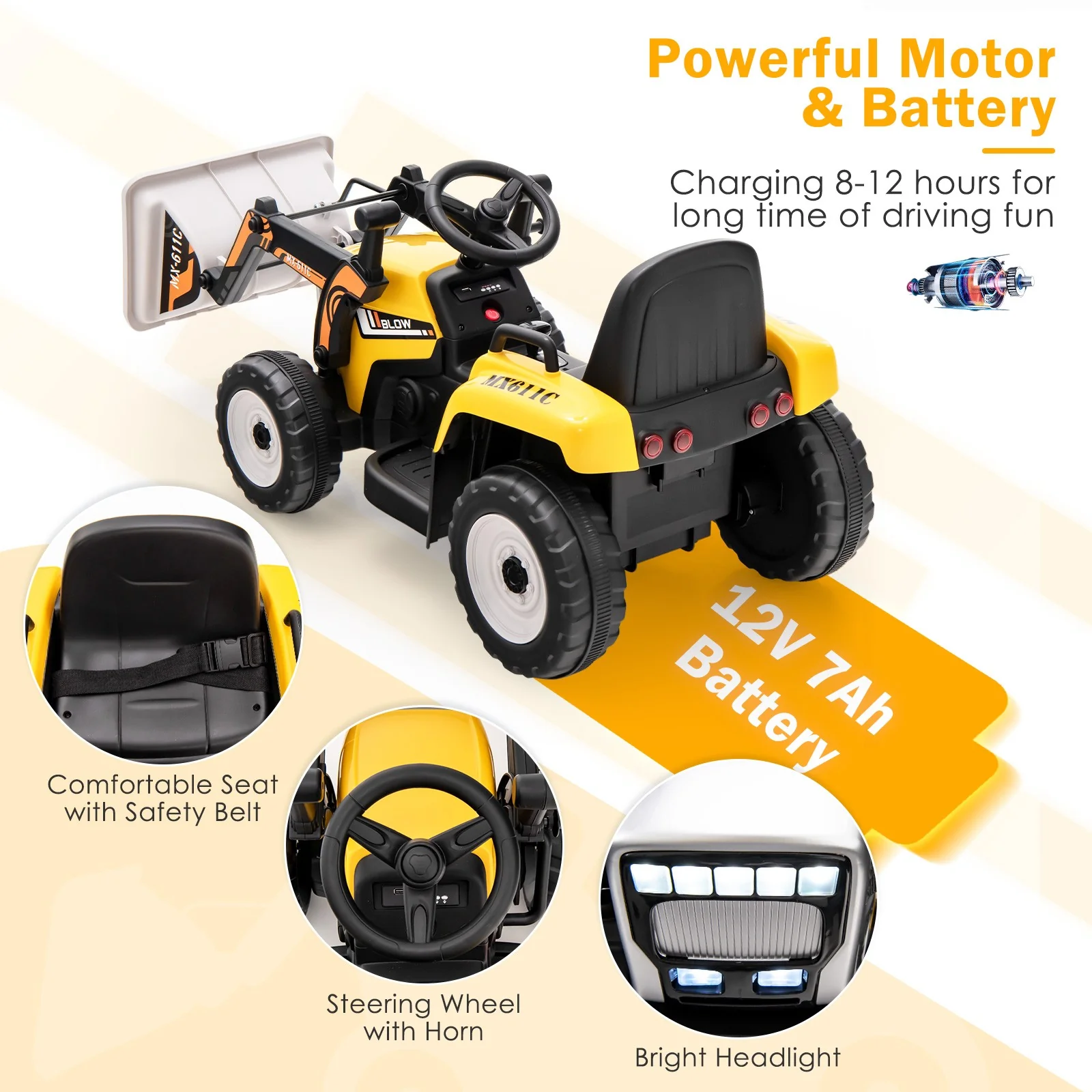 12V Electric Ride-On RC Excavator Digger Tractor with Digging Bucket for Kids Yellow - Image 9