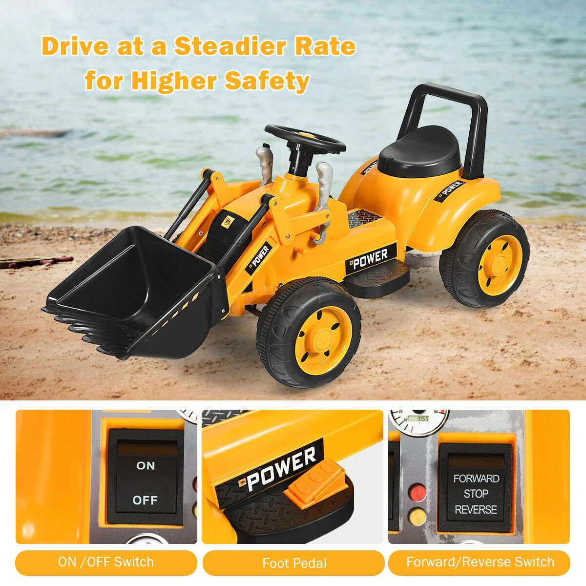 6V Battery-Powered Kids Ride-On Excavator Tractor with Digging Bucket Yellow - Image 5