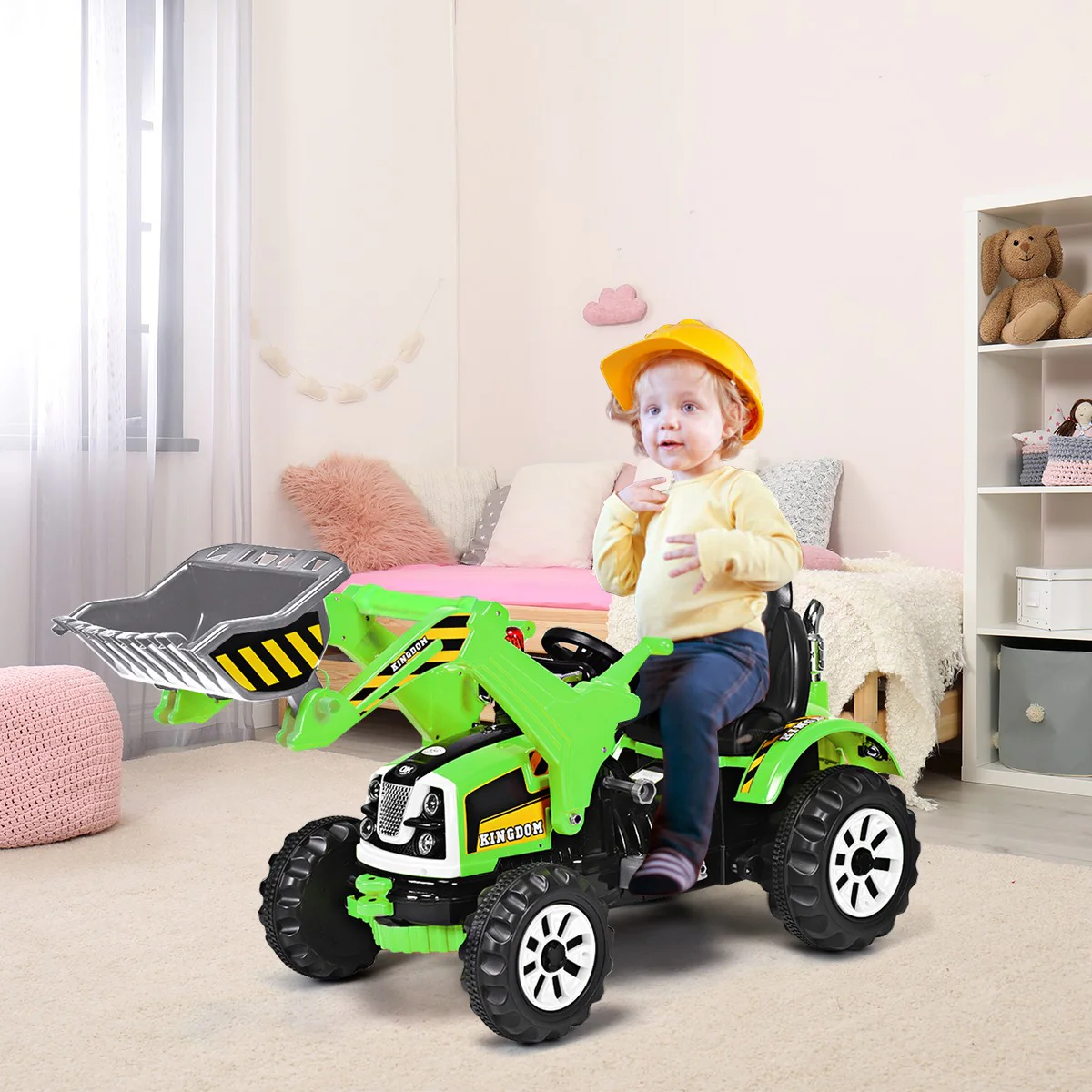 12V Battery-Powered Kids Ride-On Green Excavator Truck with Front Loader Digger - Image 4