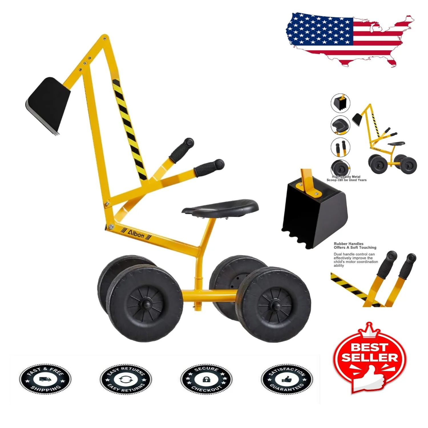 Kids Ride-On Excavator with Dual Hand Controls and 360° Rotatable Seat in Yellow