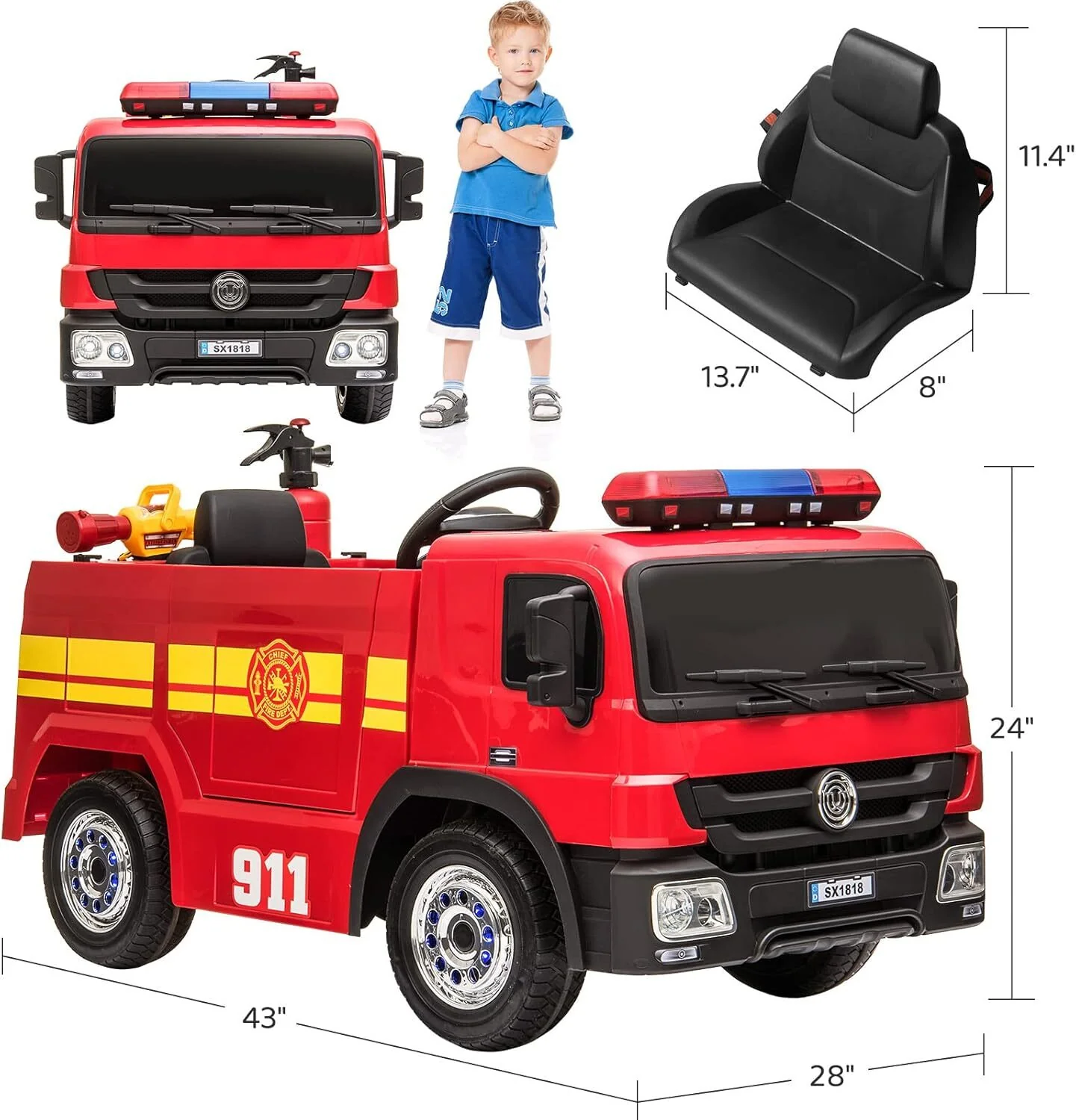 12V Battery Powered Kids Electric Fire Truck Ride-On Vehicle with Remote Control - Image 5