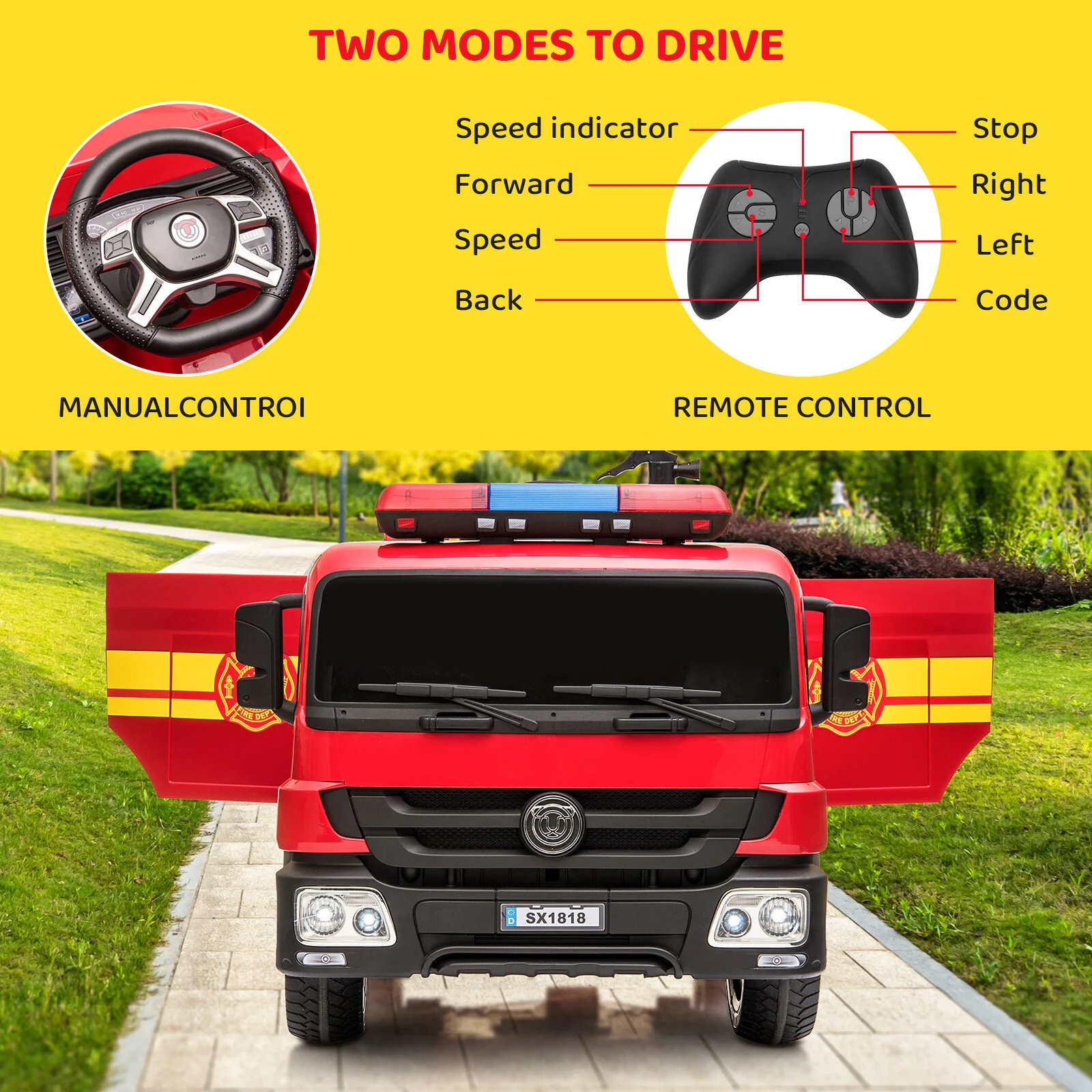 12V Battery Powered Kids Electric Fire Truck Ride-On Vehicle with Remote Control - Image 9
