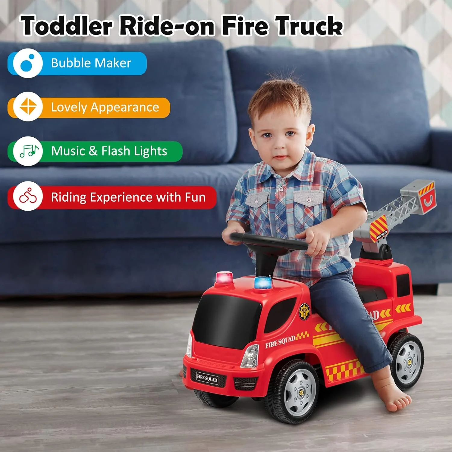 Toddler Foot-to-Floor Ride-On Fire Truck Car with Sounds and Music - Image 2