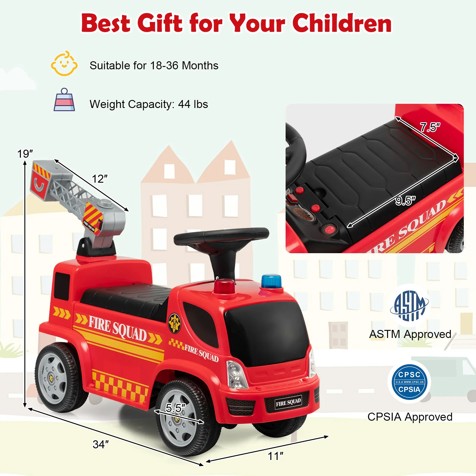 Toddler Ride-On Fire Truck Foot-to-Floor Sliding Car with Sounds and Music - Image 2