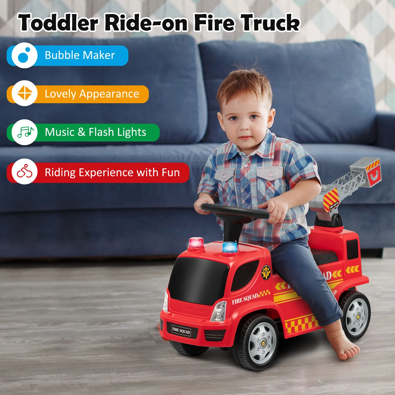 Toddler Ride-On Fire Truck Foot-to-Floor Sliding Car with Sounds and Music - Image 6