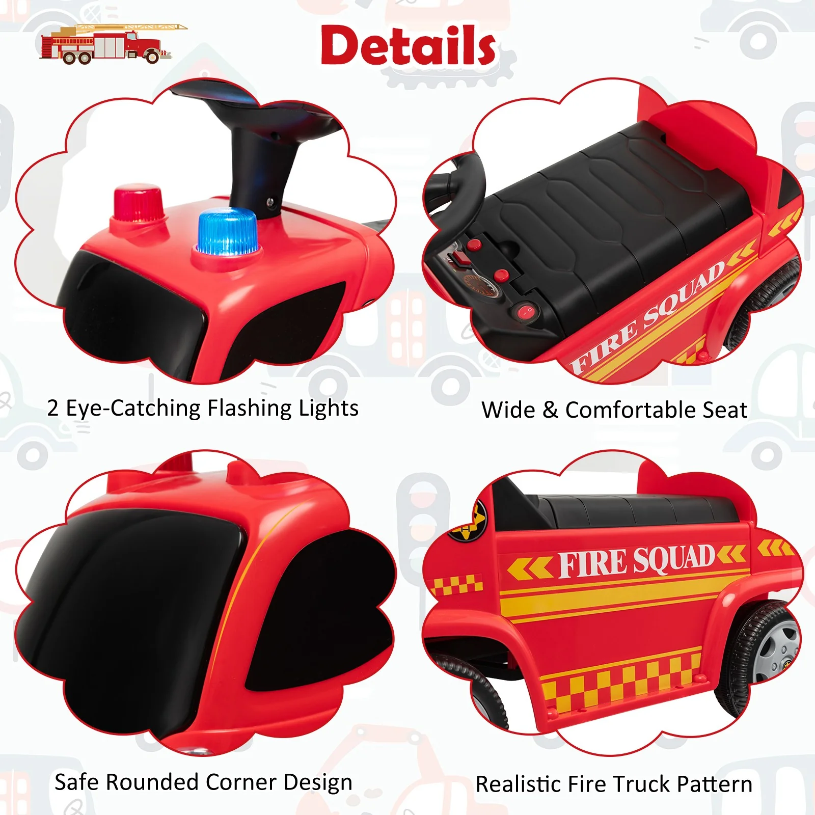 Kids Foot-to-Floor Sliding Fire Truck Push Car with Music and Bubble Maker - Image 6