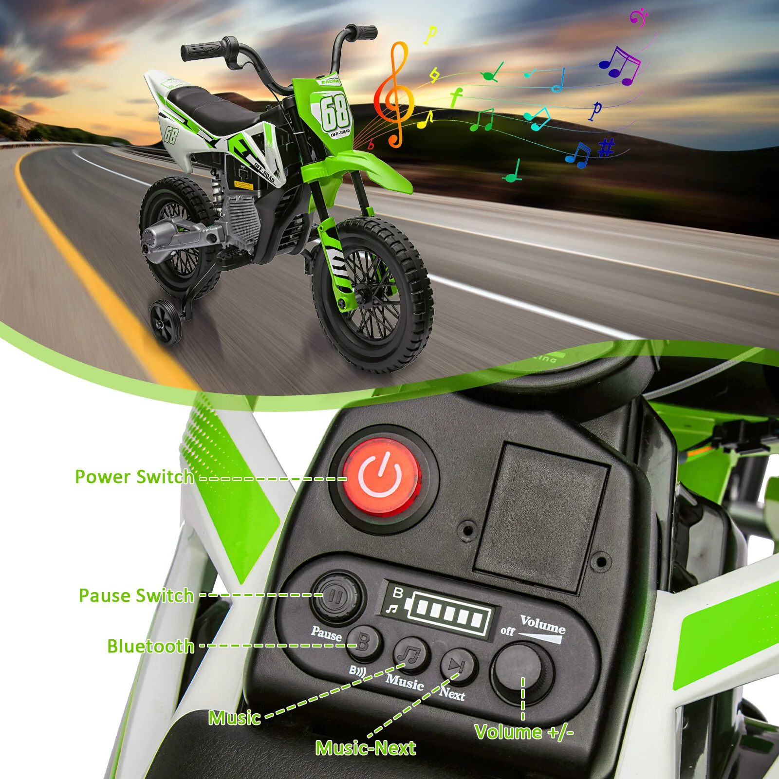 12V Kids Electric Ride-On Dirt Bike with Dual Motors and Training Wheels - Image 6