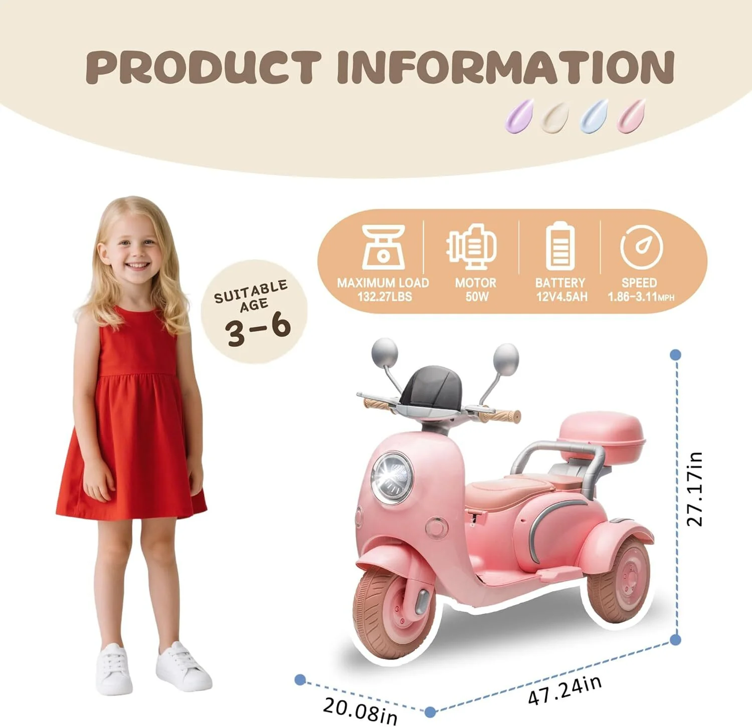 12V Electric 3-Wheel Ride-On Motorcycle for Kids with 1.9–3.1 MPH Speed - Image 4