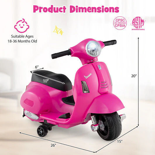 Kids Licensed Vespa Ride-On Motorcycle with LED Headlight and Horn Sound Pink - Image 5