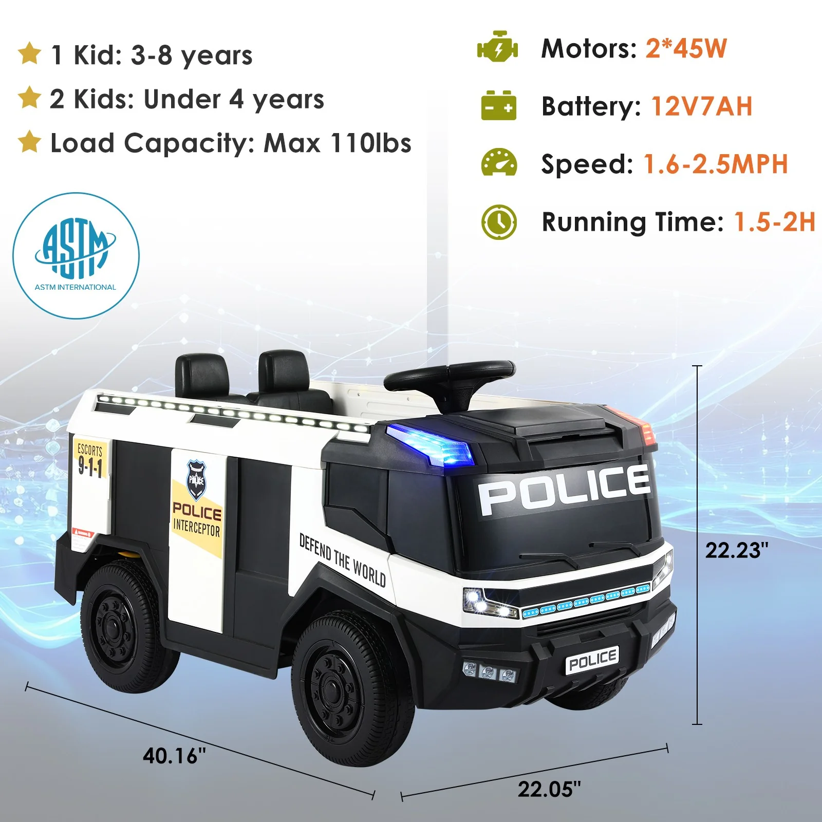 12V Kids Electric Ride-On Police Car with Remote Control Toy Vehicle - Image 2