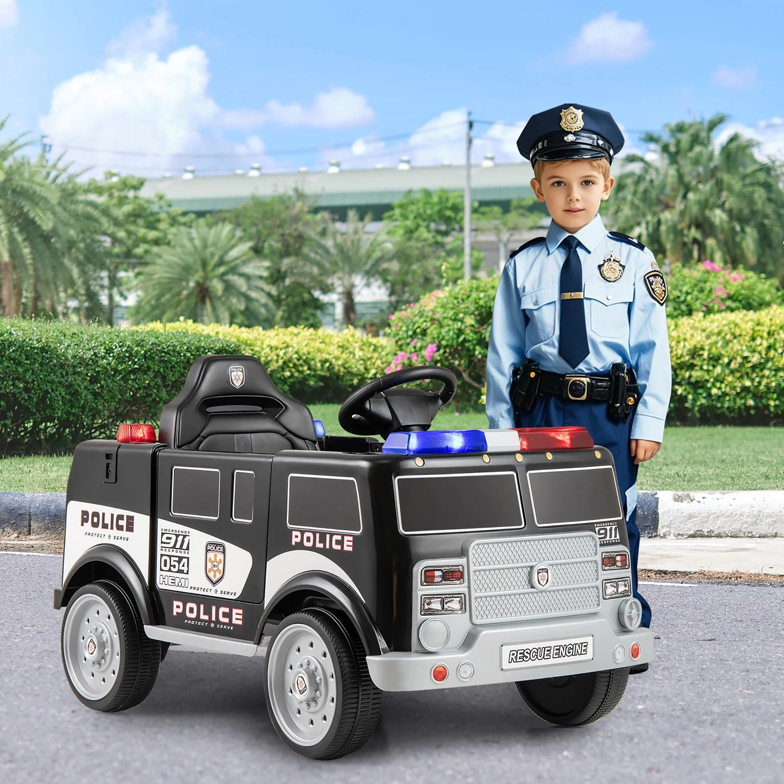 Kids Ride-On Police Car with 3 Speeds, Megaphone, Music, FM Radio, and Flashing Lights - Image 2