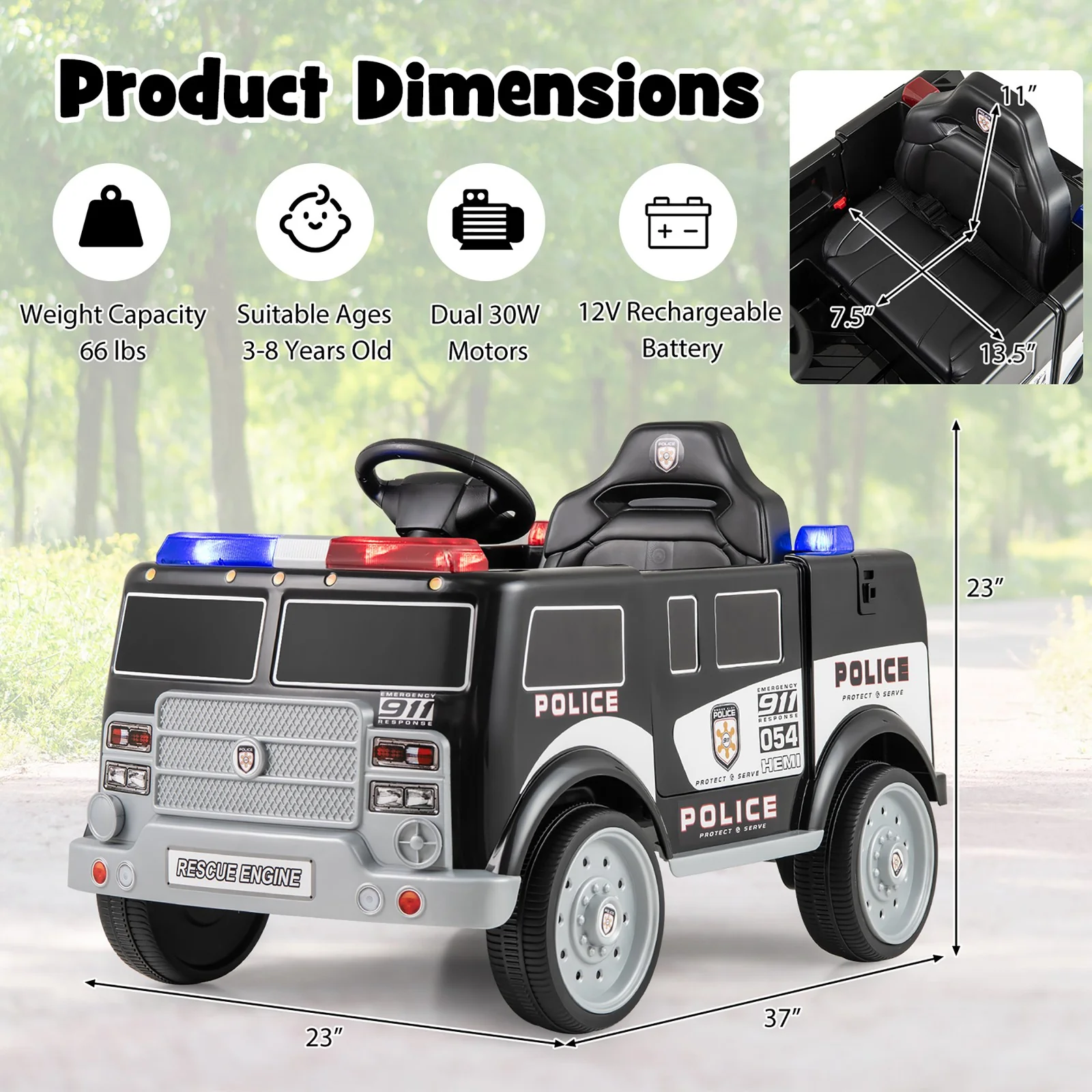 Kids Ride-On Police Car with 3 Speeds, Megaphone, Music, FM Radio, and Flashing Lights - Image 3