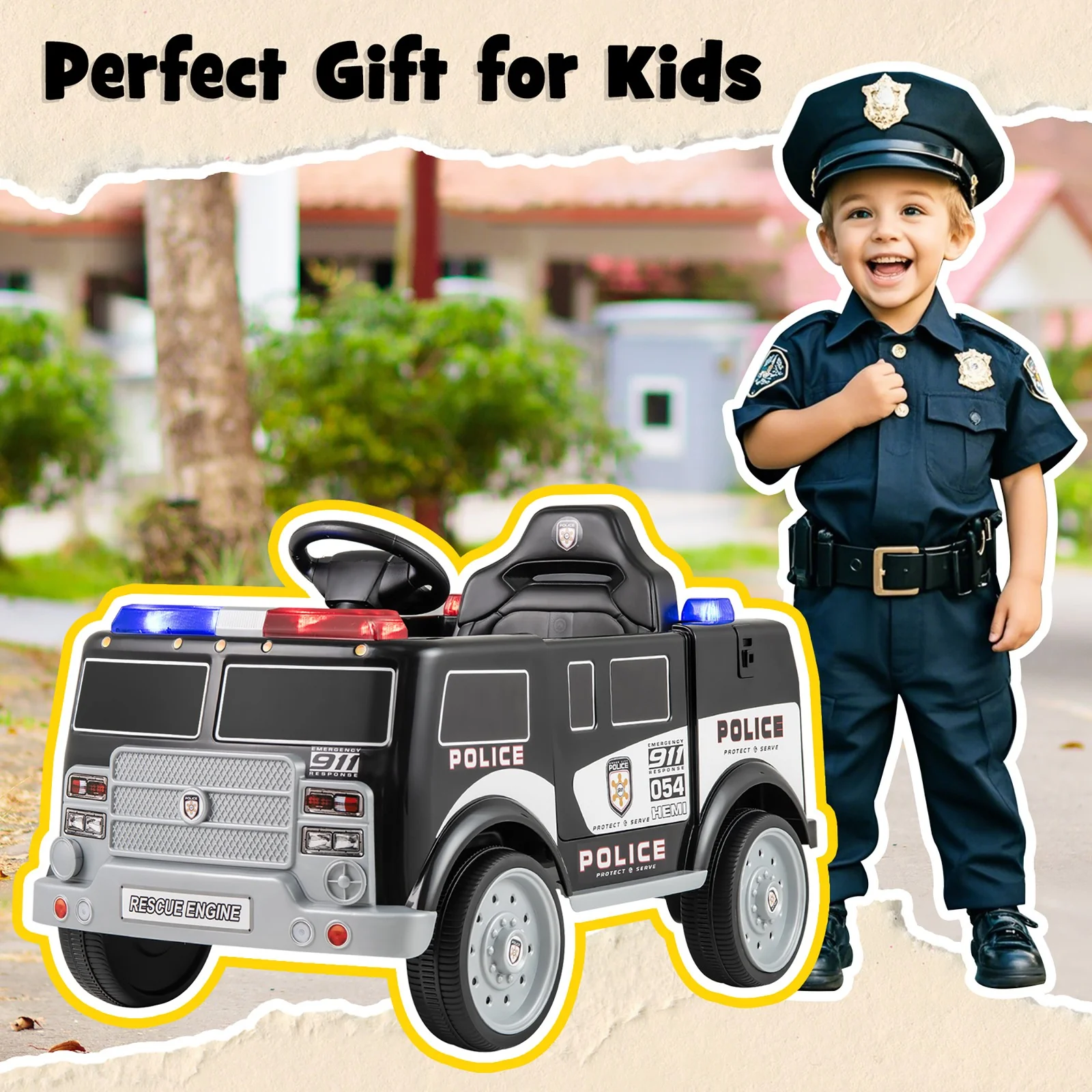 Kids Ride-On Police Car with 3 Speeds, Megaphone, Music, FM Radio, and Flashing Lights - Image 4