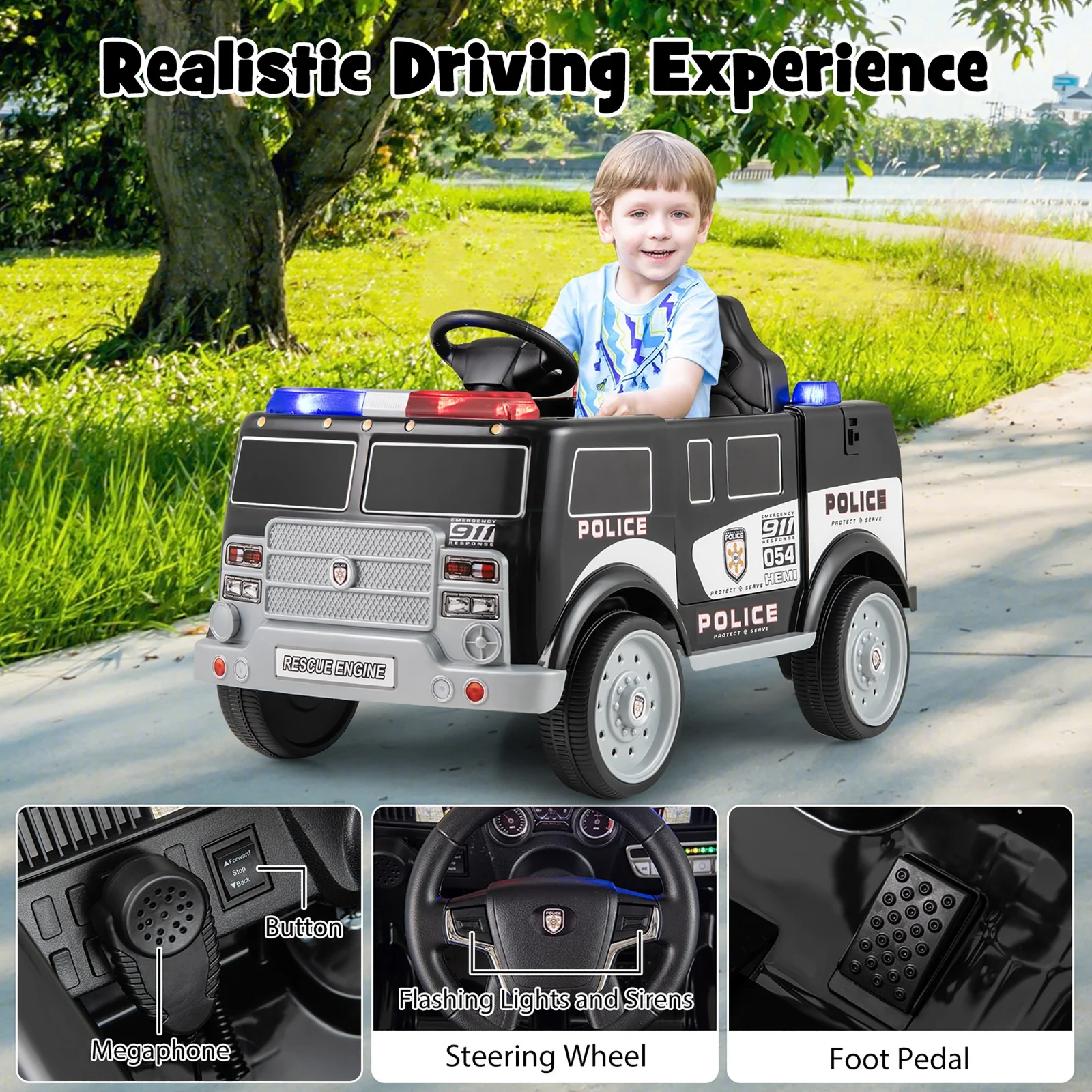 Kids Ride-On Police Car with 3 Speeds, Megaphone, Music, FM Radio, and Flashing Lights - Image 5