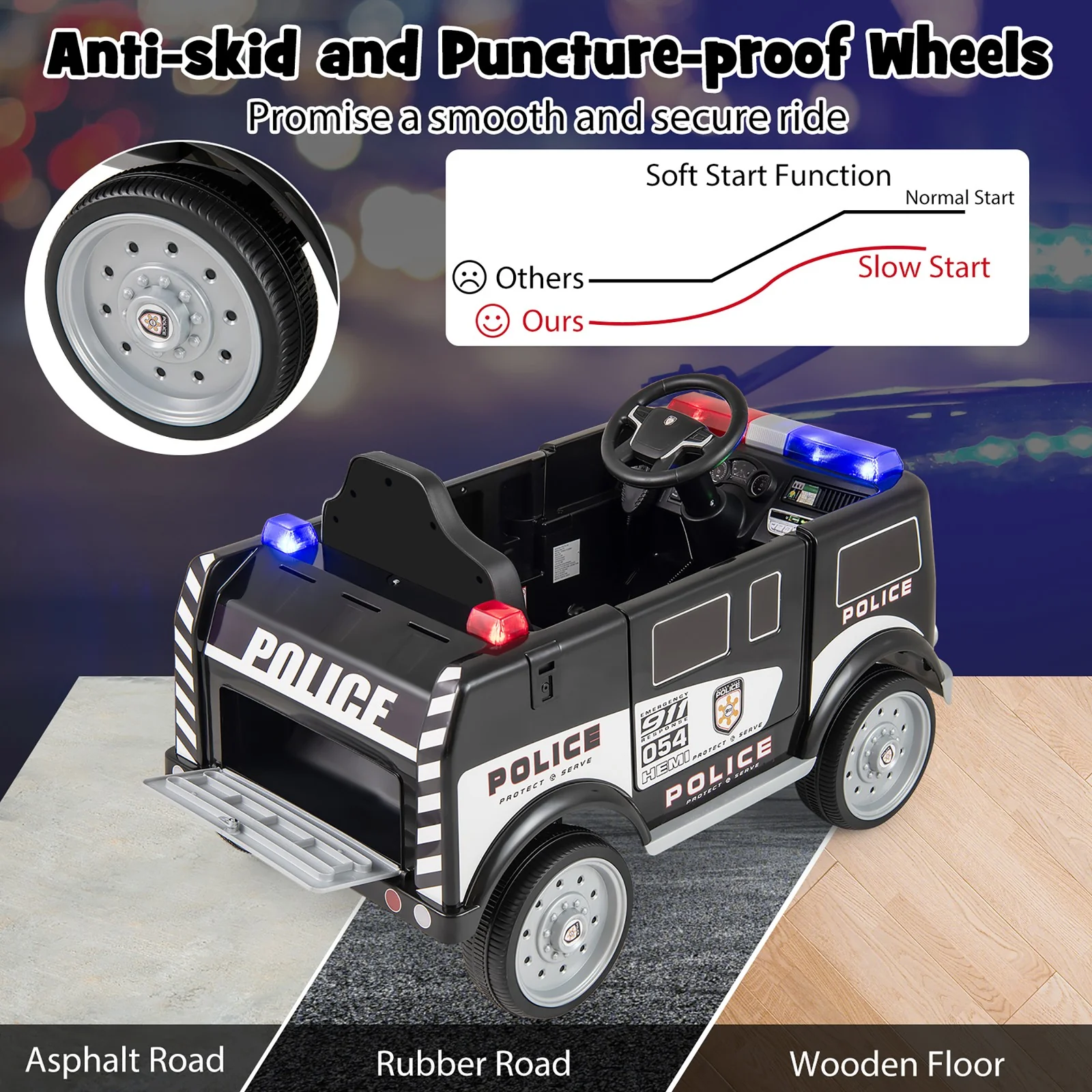 Kids Ride-On Police Car with 3 Speeds, Megaphone, Music, FM Radio, and Flashing Lights - Image 7