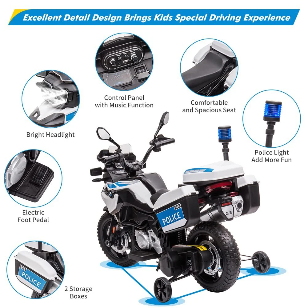 12V Kids Police Ride-On Motorcycle with 7Ah Battery, Training Wheels, and Storage Box - Image 4