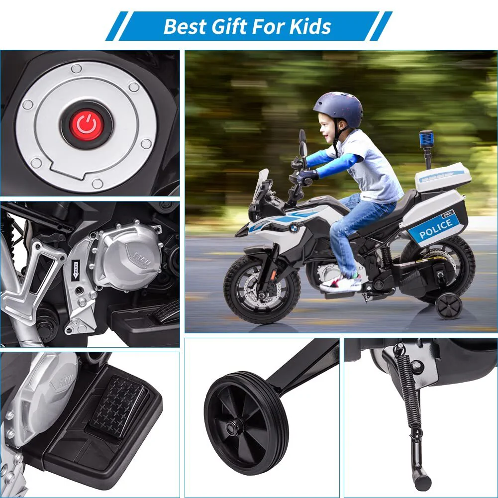 12V Kids Police Ride-On Motorcycle with 7Ah Battery, Training Wheels, and Storage Box - Image 6
