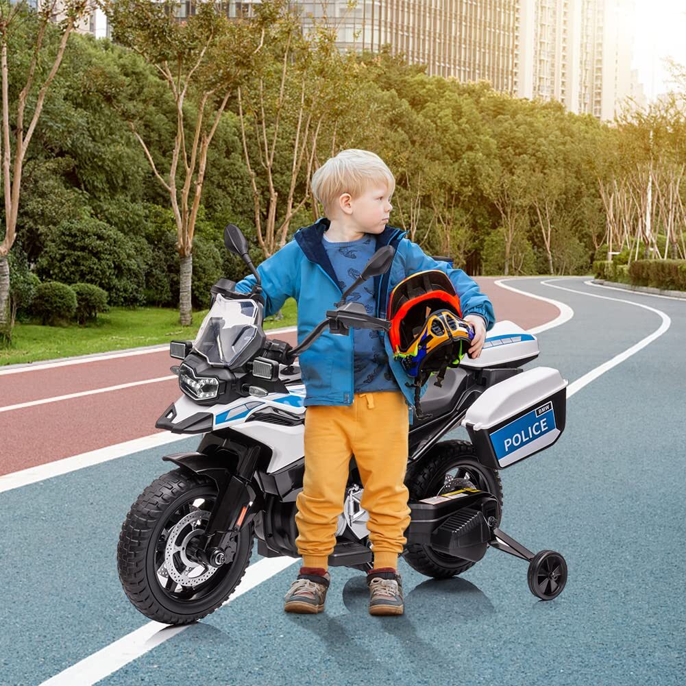 12V Kids Police Ride-On Motorcycle with 7Ah Battery, Training Wheels, and Storage Box - Image 8