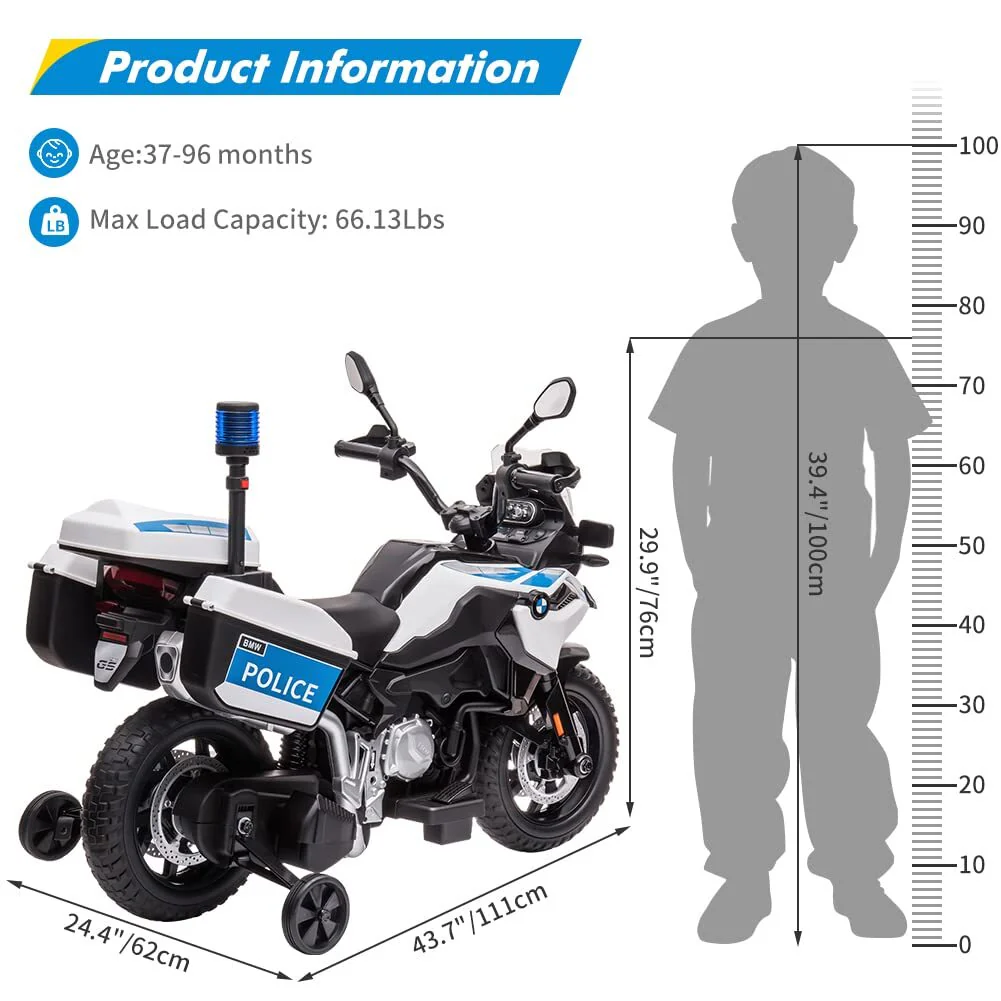 12V Kids Police Ride-On Motorcycle with 7Ah Battery, Training Wheels, and Storage Box - Image 9