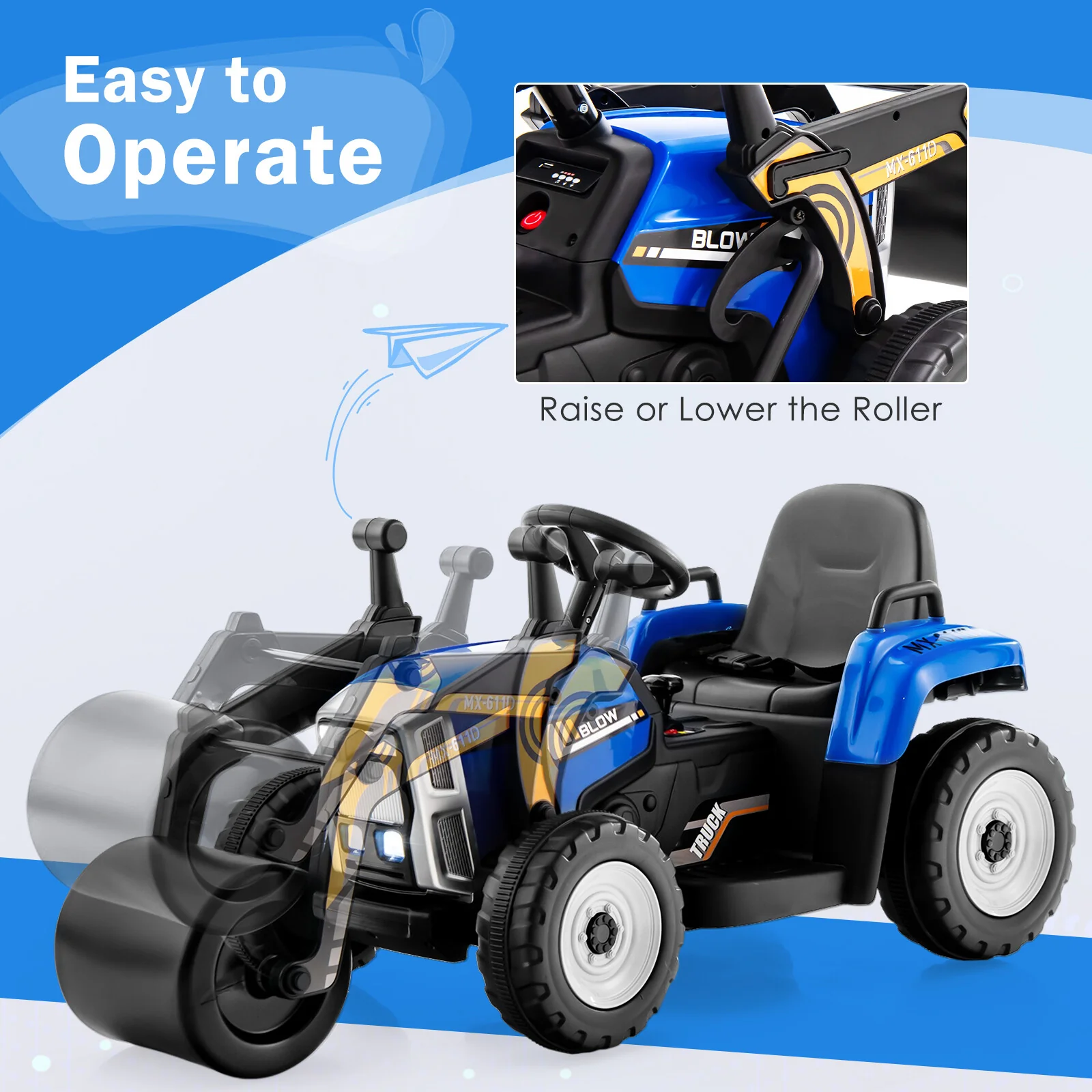 12V Electric Ride-On Tractor for Kids with Remote Control, LED Lights, and Music – Blue - Image 5