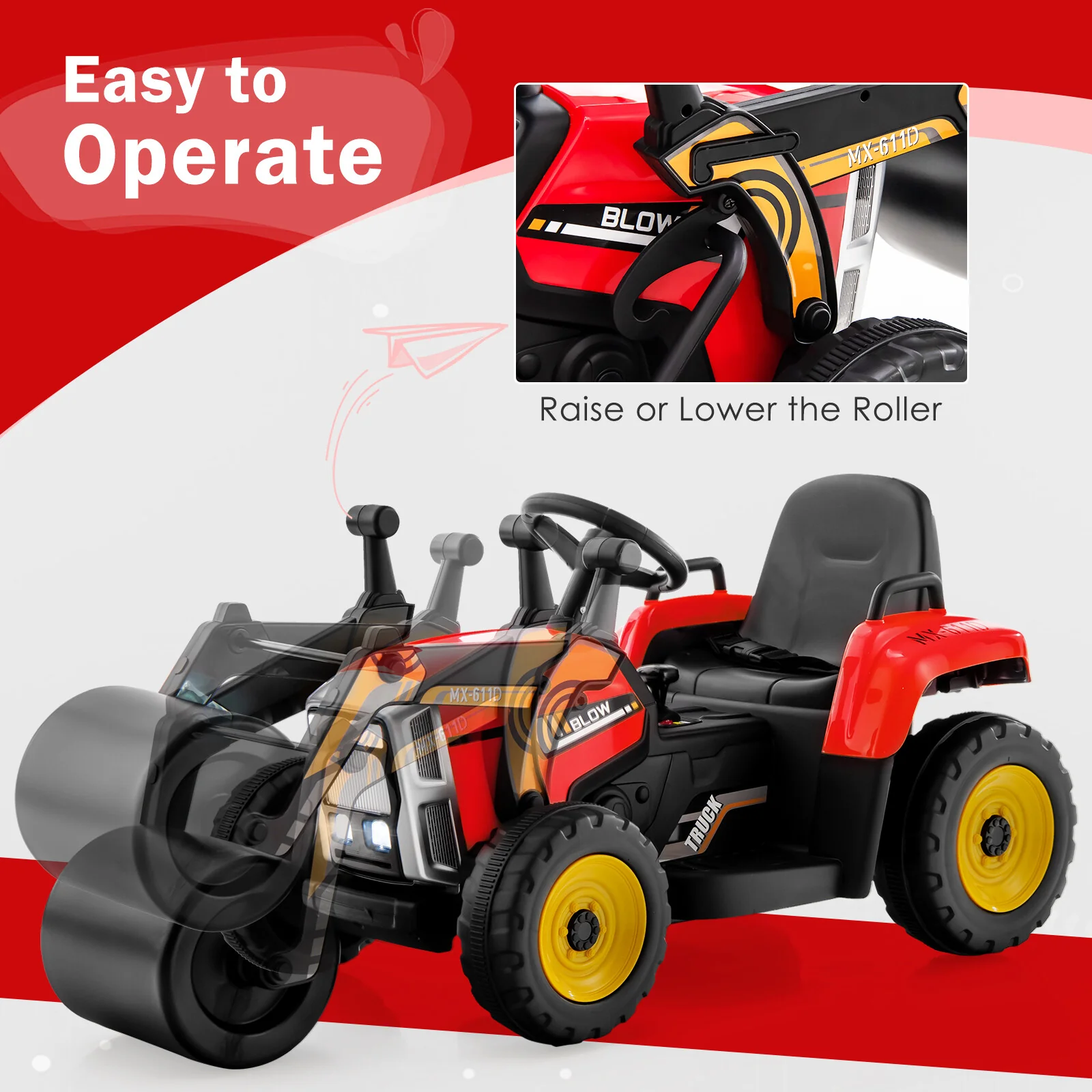 12V Electric Kids Ride-On Tractor with Remote, LED Lights, and Music - Red - Image 5