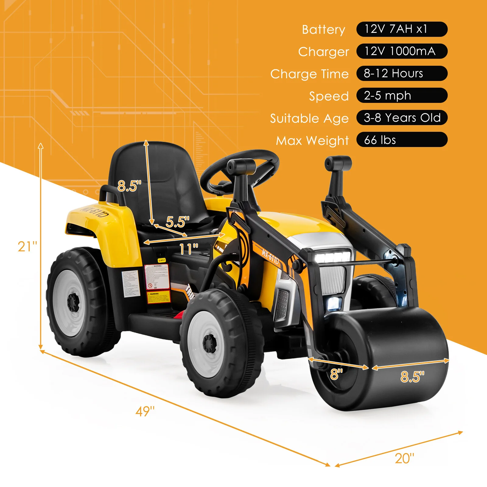 12V Electric Ride-On Kids Tractor with Remote Control, LED Lights, and Music - Yellow - Image 2